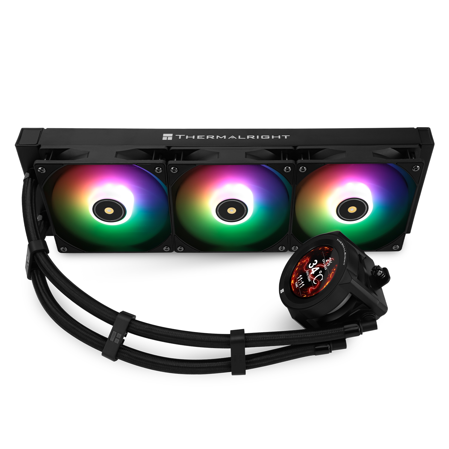 Un disipador líquido Thermalright negro con tres ventiladores RGB y un bloque de bomba digital.
