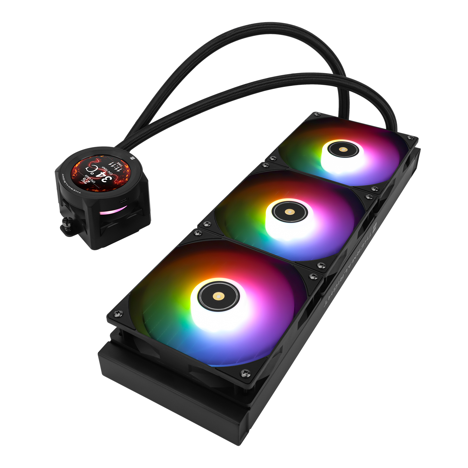 Un refrigerador de CPU líquido negro con tres ventiladores RGB, tubos trenzados y un bloque de bomba circular.