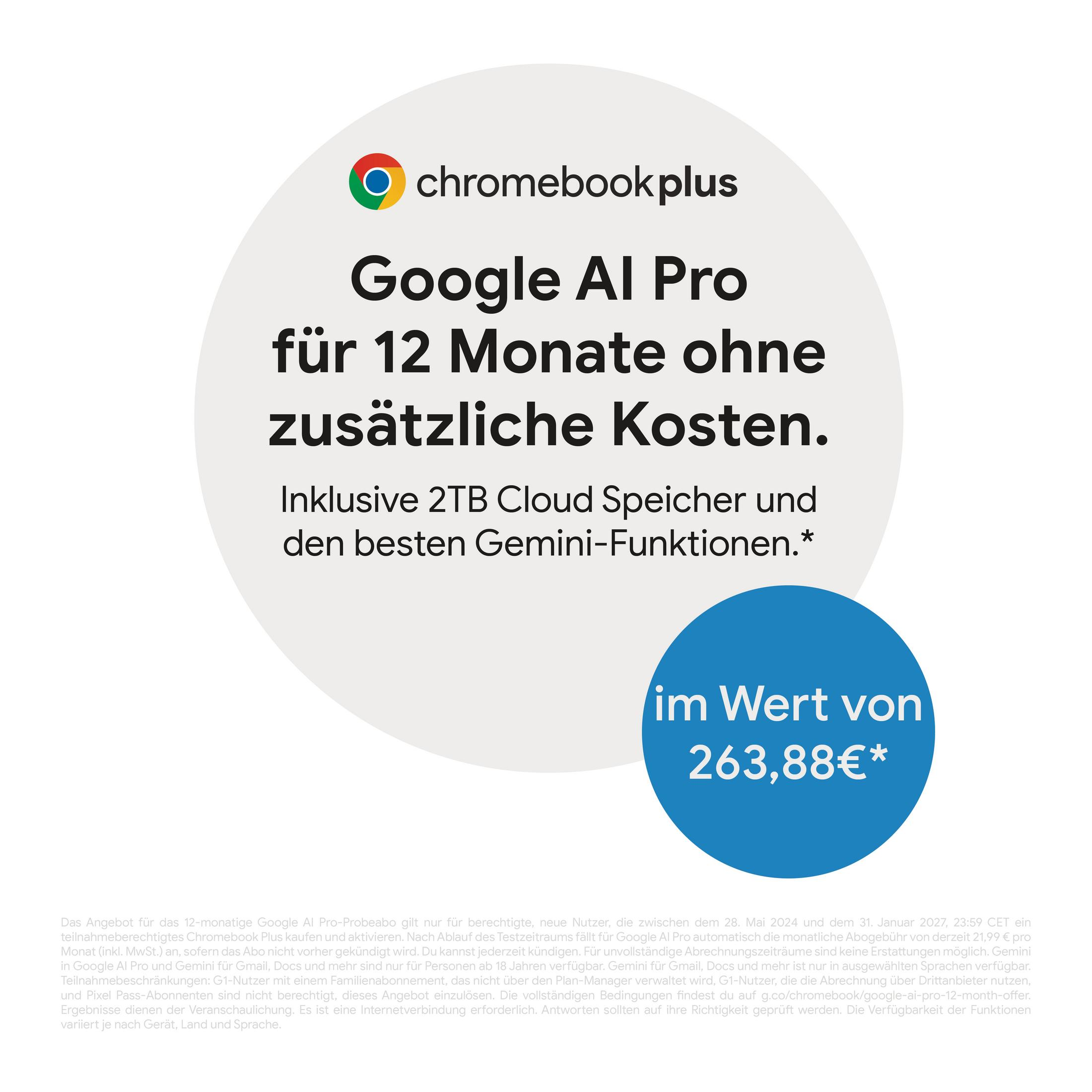 Werbebild für Chromebook Plus mit Google AI Pro Angebot für 12 Monate inklusive 2TB Cloud-Speicher.