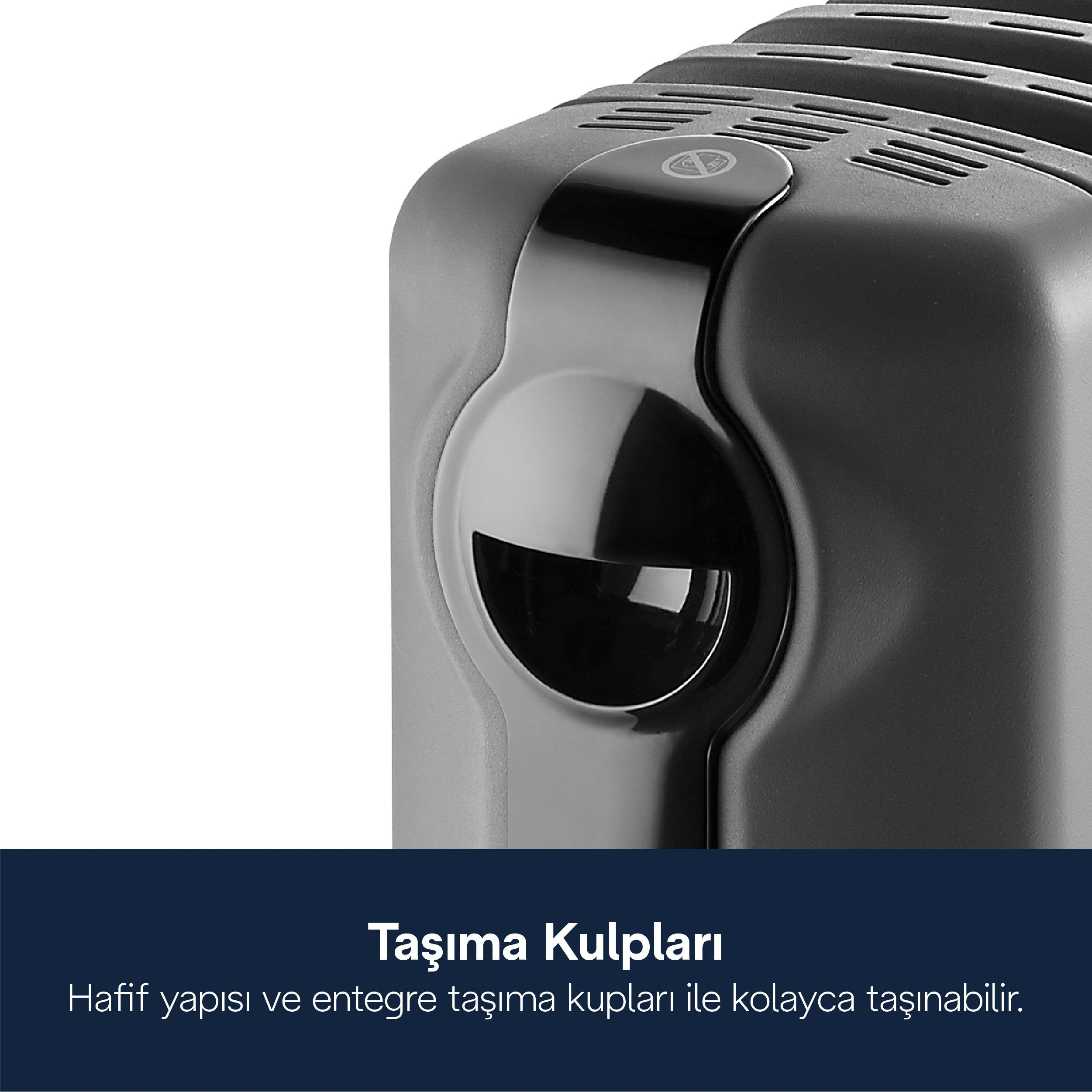 Entegre tutma sapına sahip gri renkli bir ısıtıcının yakın plan görüntüsü.
