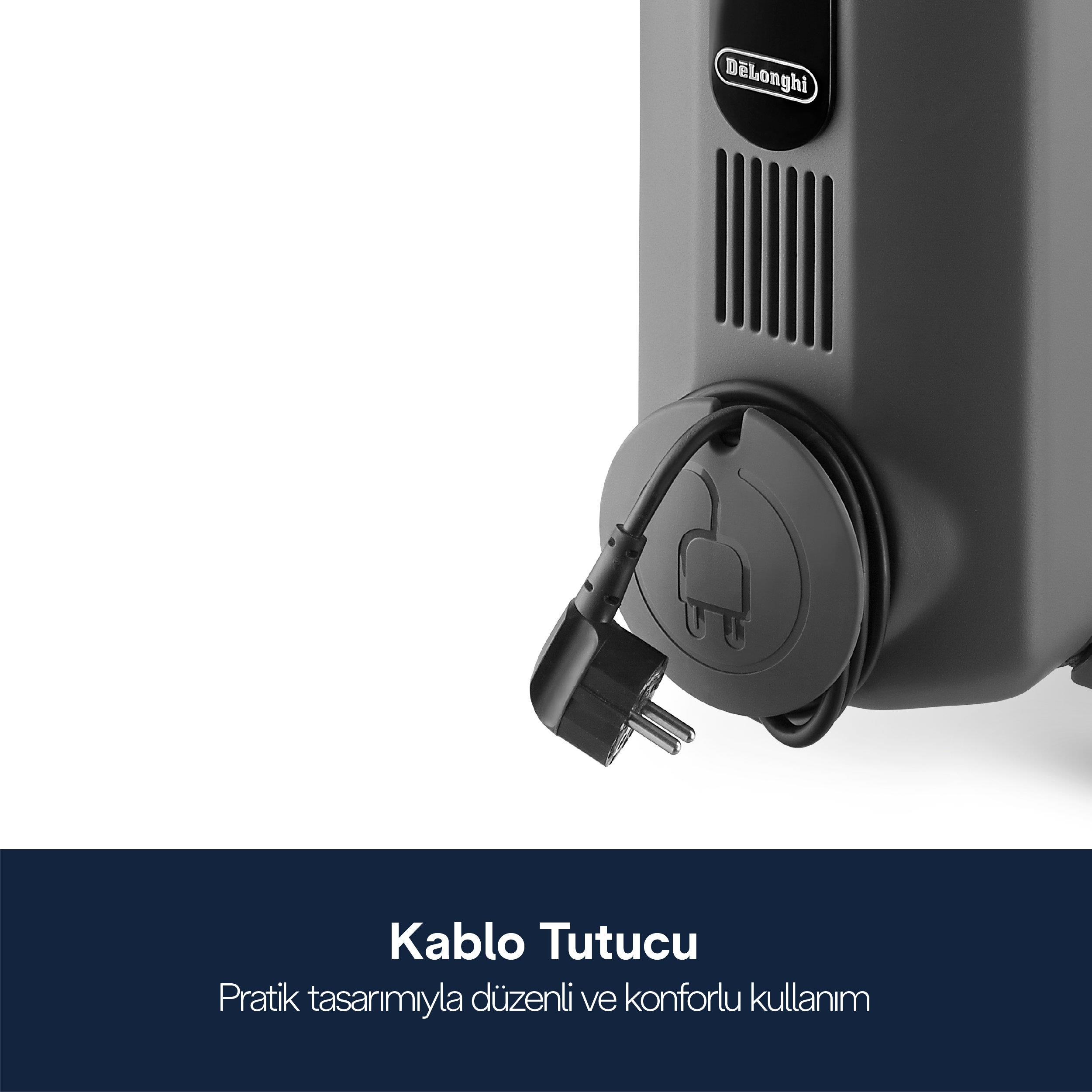 Entegre kablo sarıcı ve fişe sahip gri DeLonghi ısıtıcı.