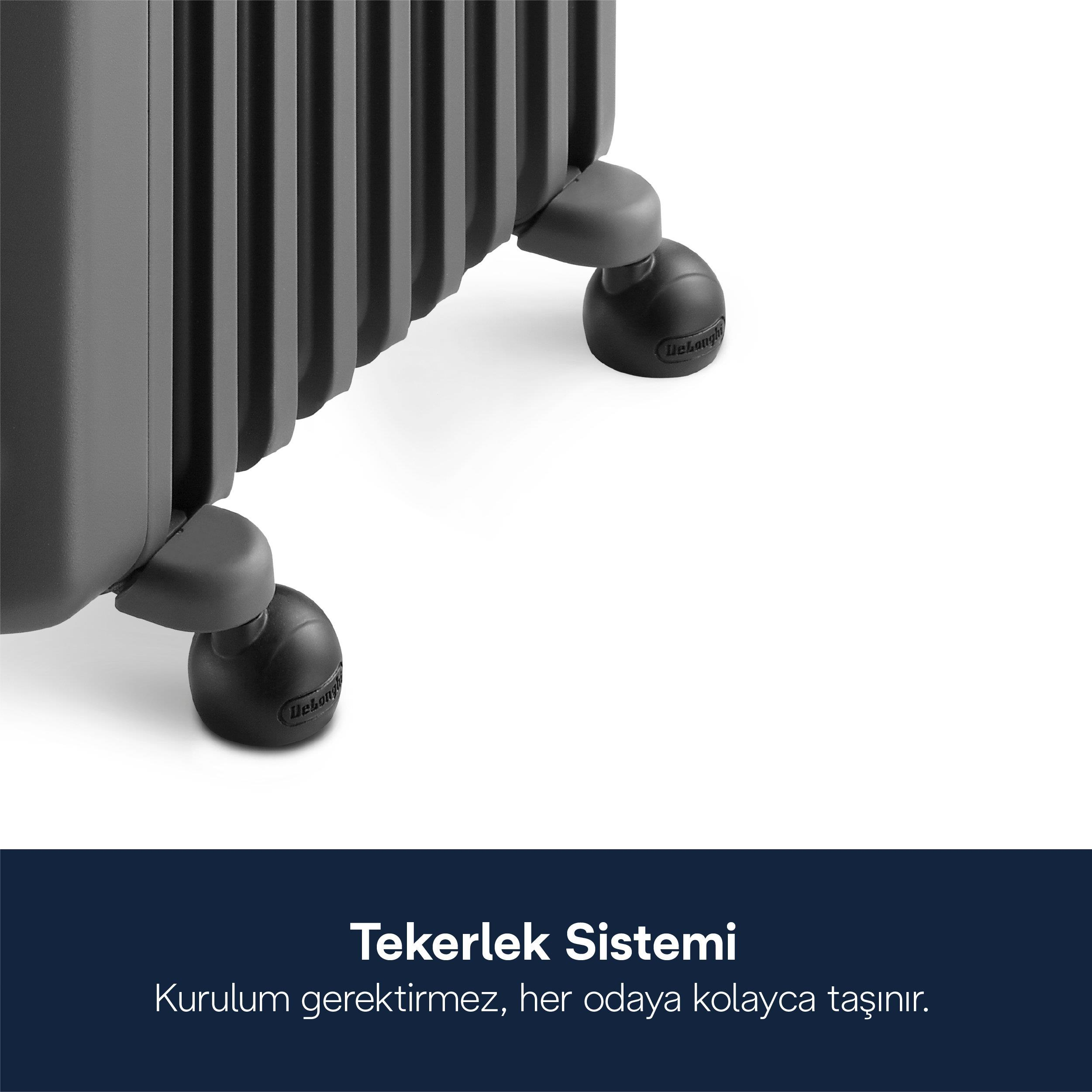 Kurulum gerektirmeyen, kolay taşınabilirlik için önceden takılmış siyah tekerleklere sahip gri radyatör.