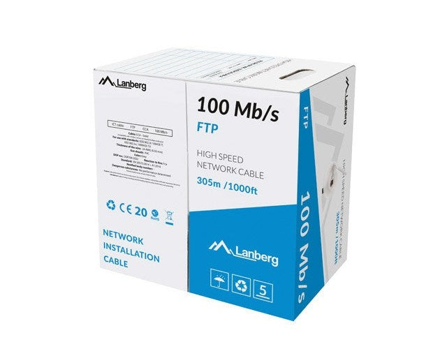 Caja de cable de red FTP Lanberg blanca y azul, de 305m, con especificaciones.