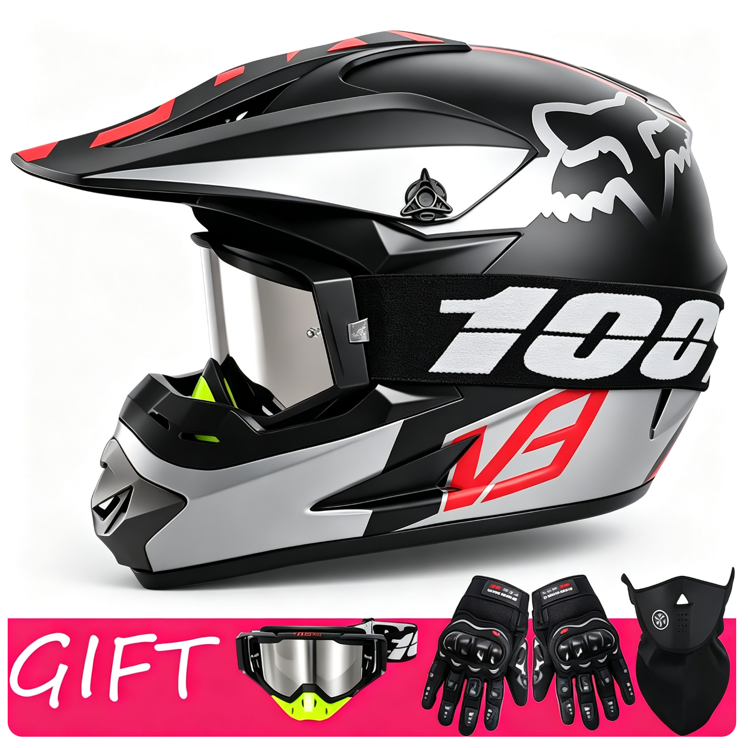Un casco de motocross negro, blanco y rojo con gafas, guantes y una mascarilla mostrados abajo en un banner rosa.