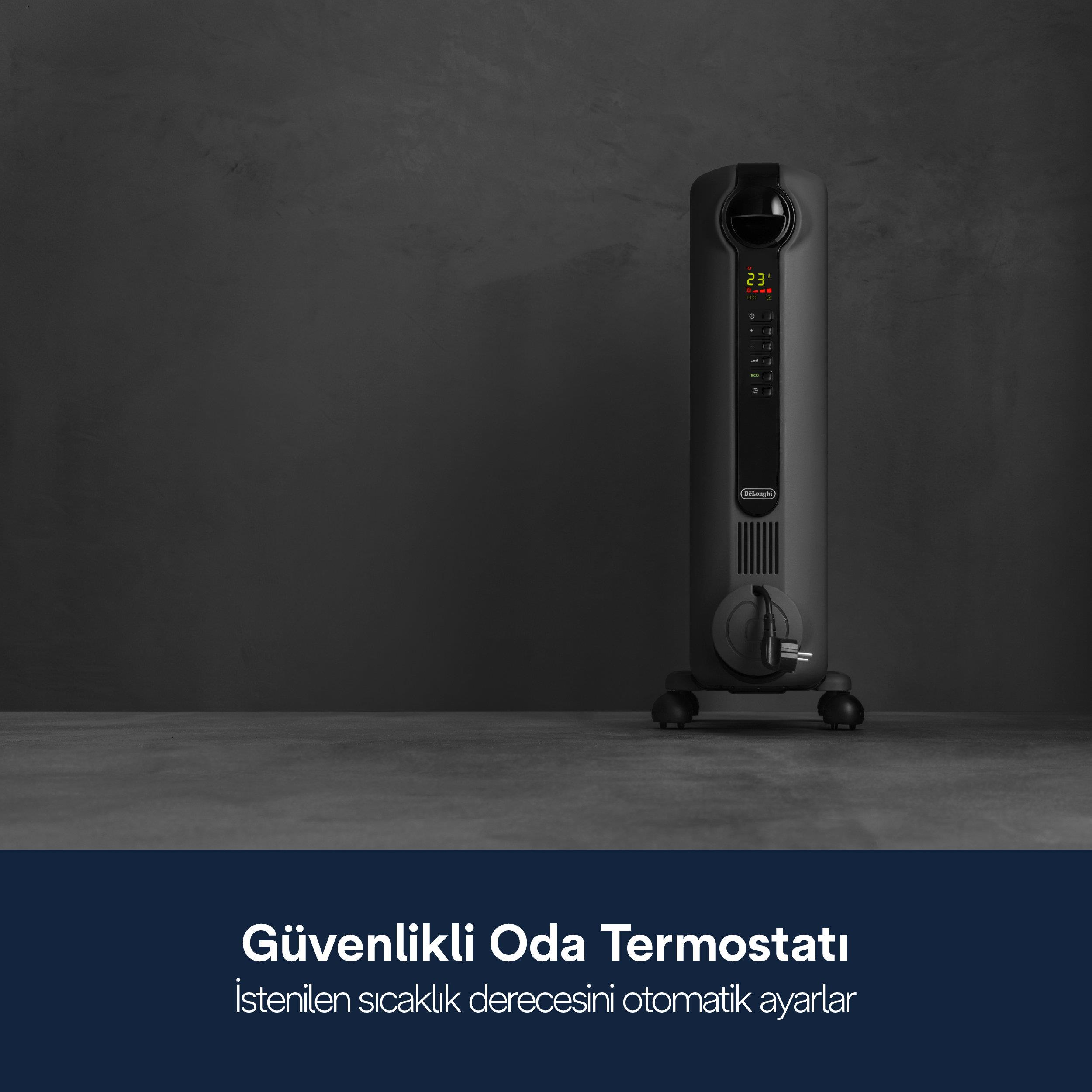 Koyu gri duvar önünde siyah yağlı radyatör, dijital ekran ve kontrol tuşlarıyla duruyor.