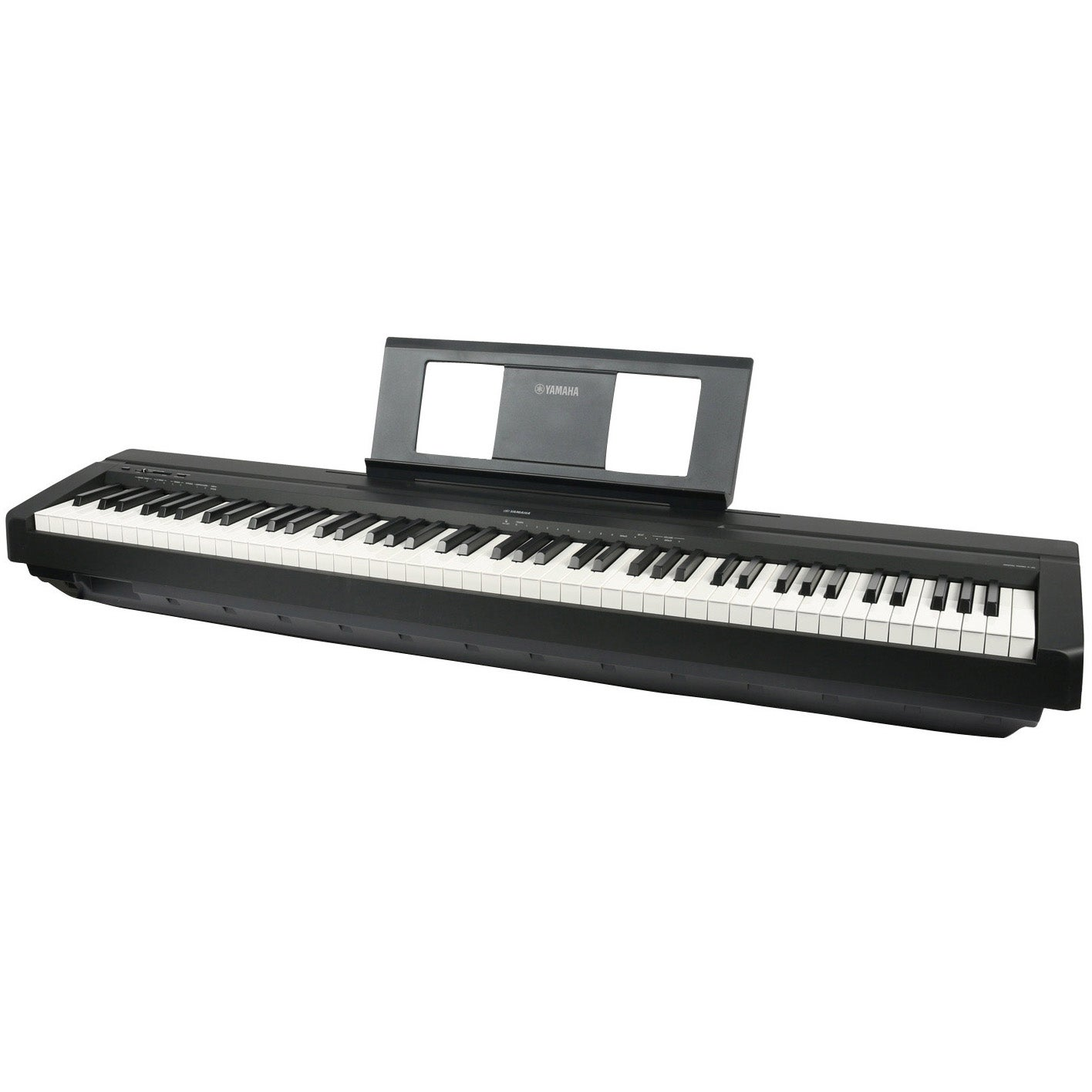 Ein schwarzes Yamaha Digitalpiano mit Notenständer steht auf weißem Hintergrund.