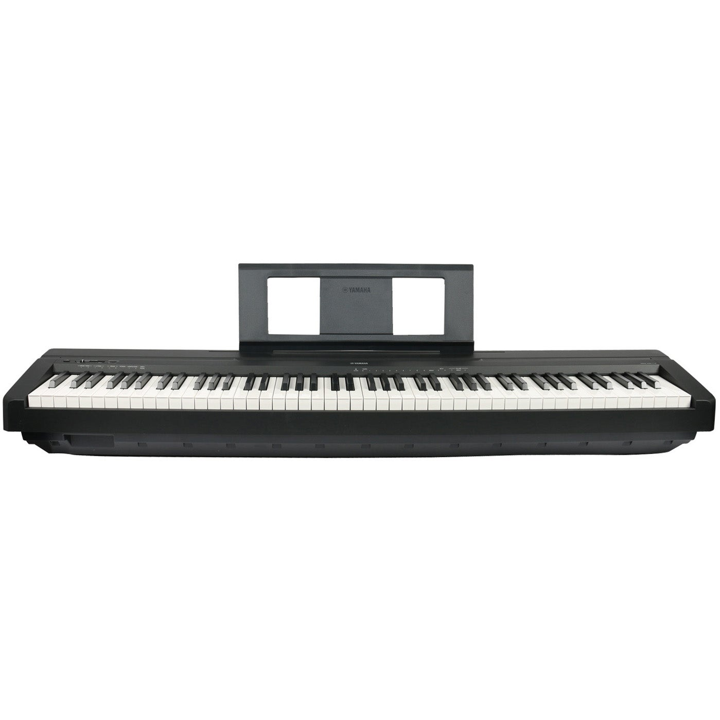 Ein schwarzes Digitalpiano mit weißen und schwarzen Tasten und einem Notenständer vor weißem Hintergrund.