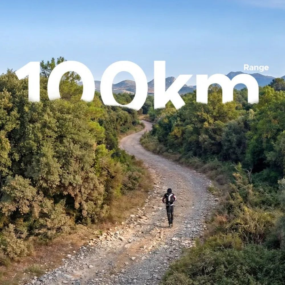 Una persona en monopatín recorre un camino de tierra sinuoso entre árboles verdes, con montañas al fondo.