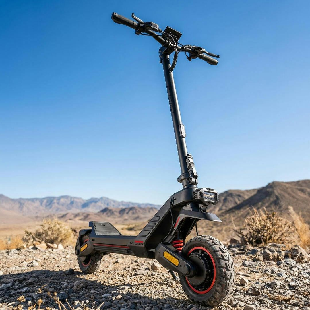 Un patinete eléctrico negro estacionado en suelo seco y rocoso en un paisaje desértico de montaña bajo un cielo azul.