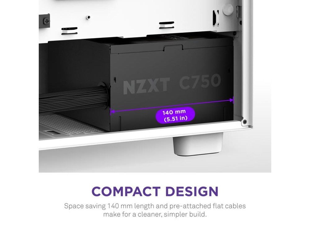 Ein schwarzes NZXT C750 Netzteil in einem weißen PC-Gehäuse mit 140 mm Maßangabe.