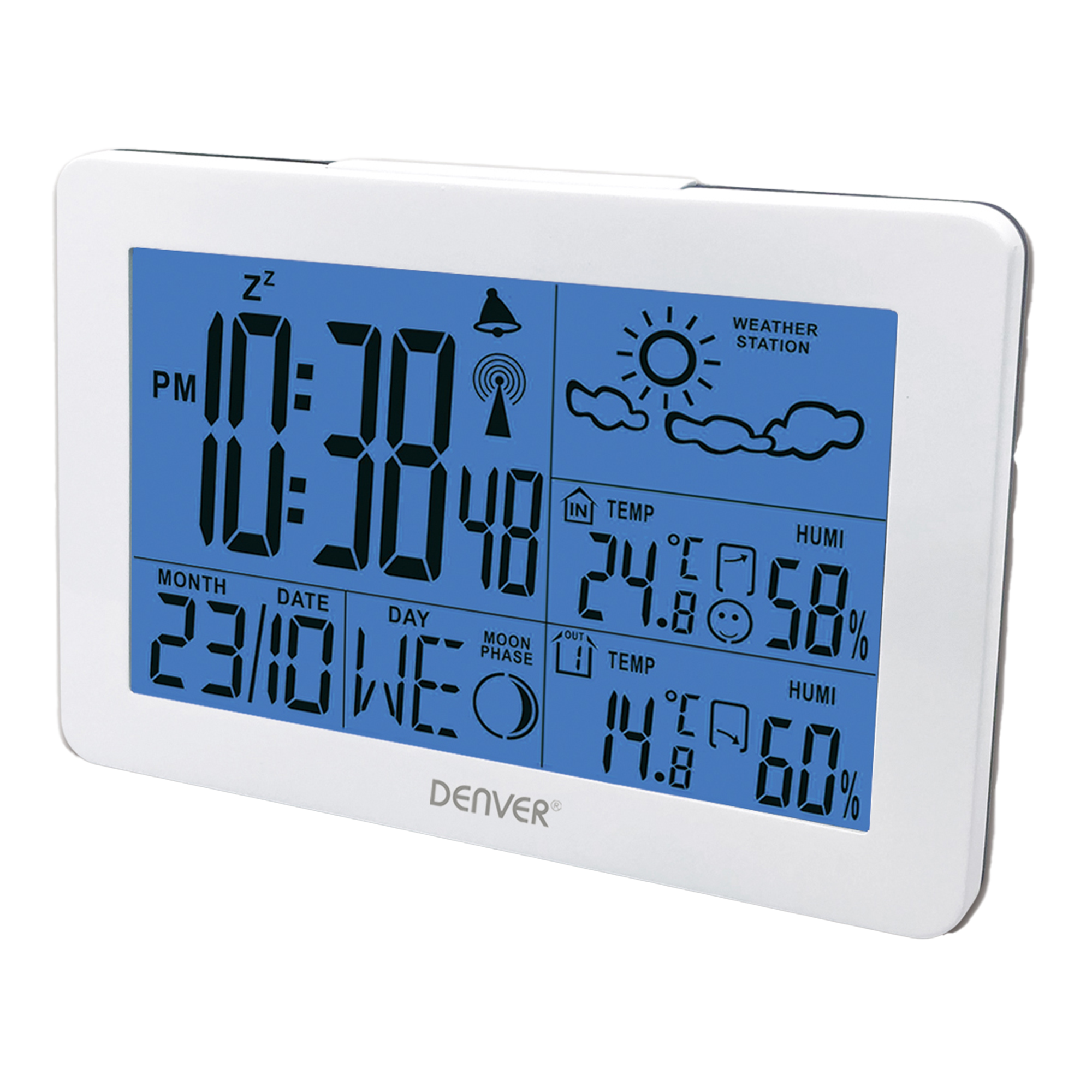 Reveil numerique blanc avec ecran bleu affichant l'heure, la date et la meteo.