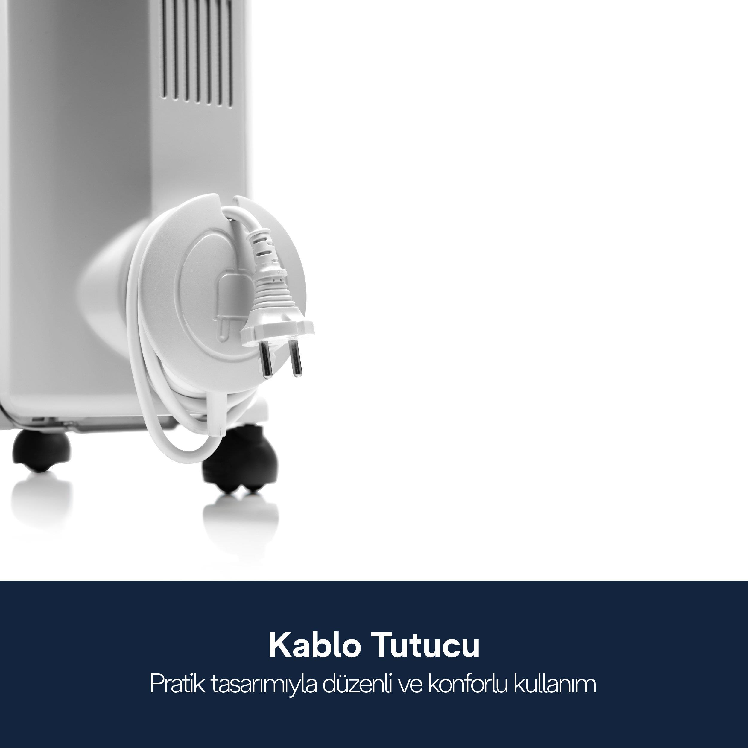 Yanda kablo sarma aparatı ve altta tekerlekleri olan beyaz elektrikli ısıtıcı.