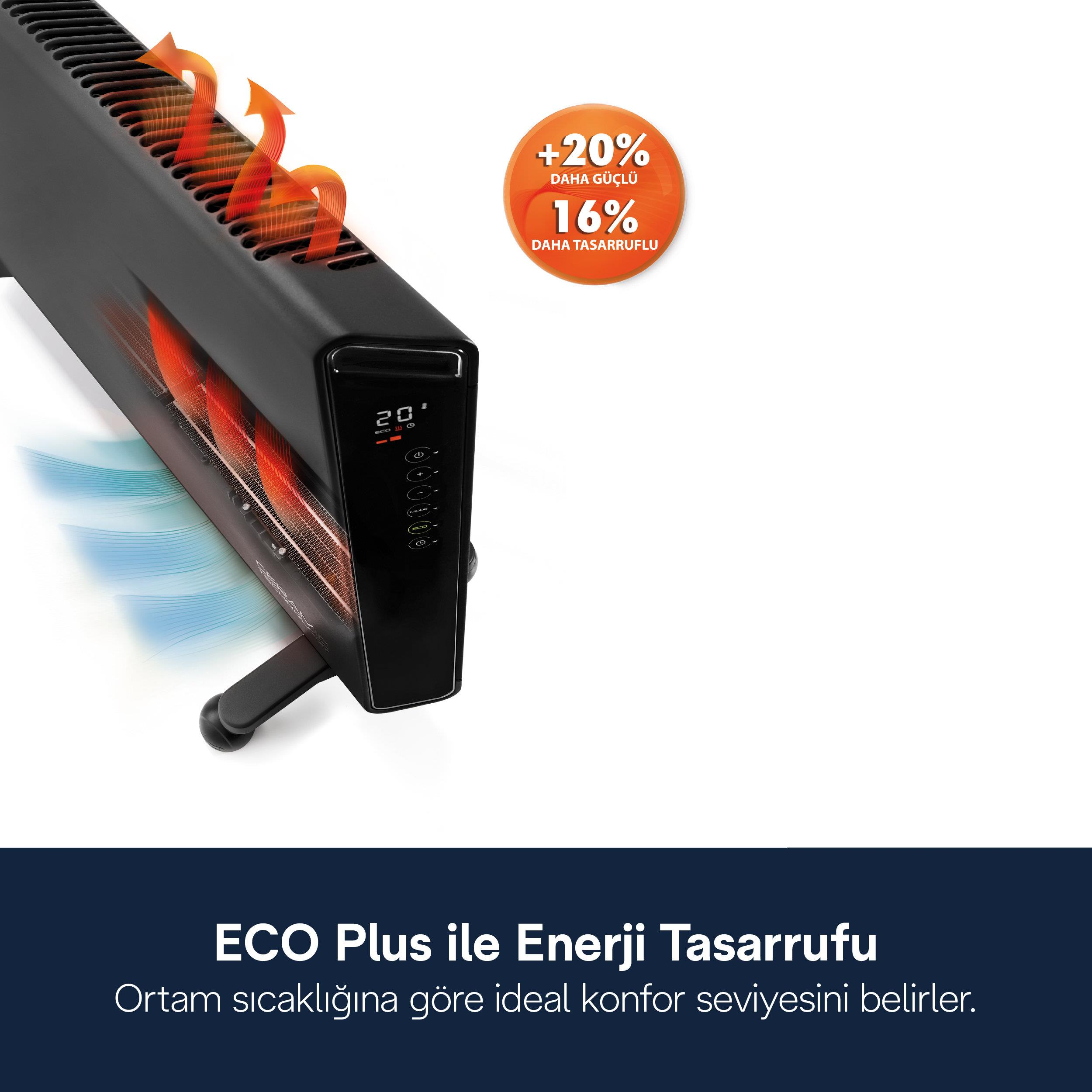 Una stufa elettrica nera con display digitale, elementi riscaldanti luminosi e un badge promozionale.