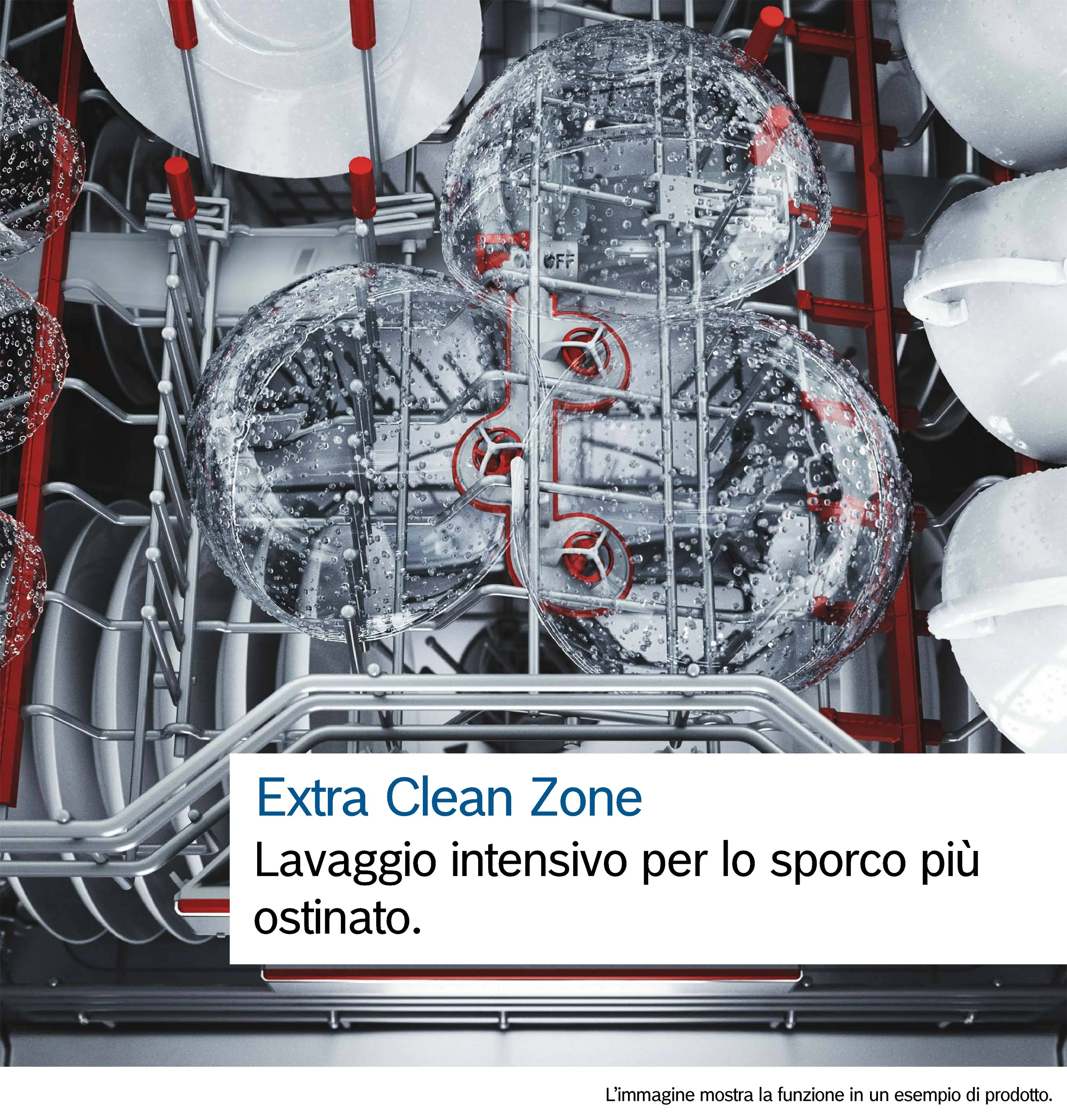 Interno della lavastoviglie con elementi rossi e zona Extra Clean evidenziata.