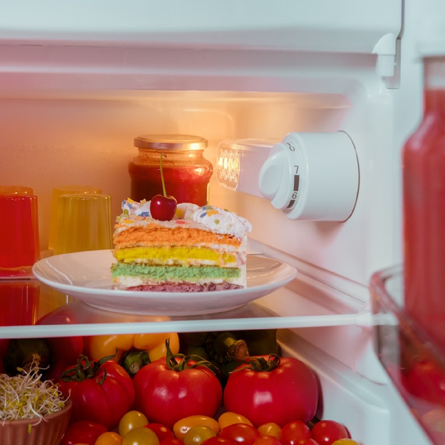 Ein Stueck Regenbogenkuchen mit einer Kirsche oben drauf steht auf einem Teller im hellen Kuehlschrank.