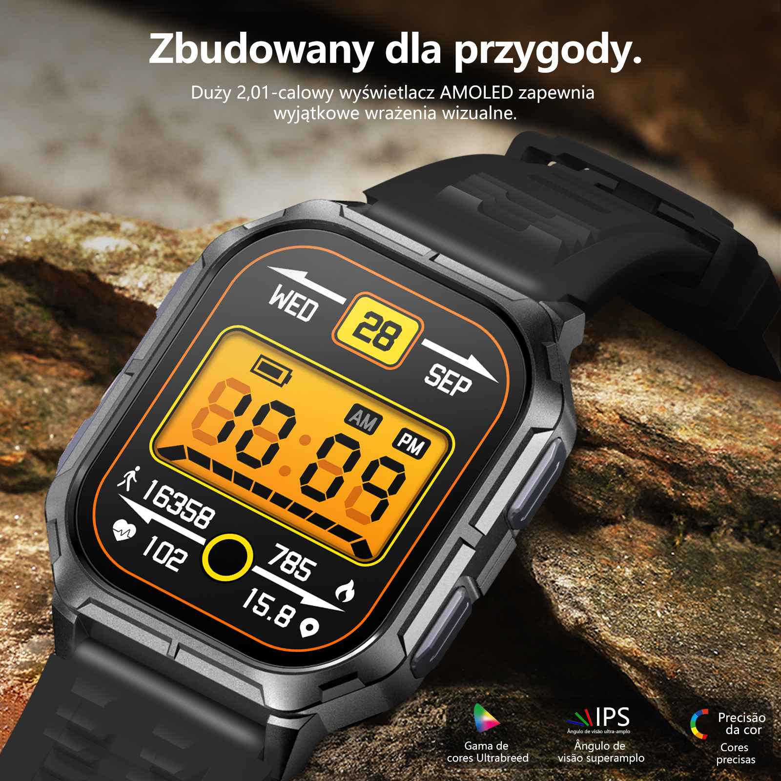 Czarny smartwatch z pomarańczowym wyświetlaczem leży na skalnym podłożu.