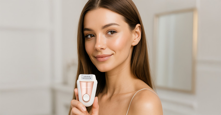 Uśmiechnięta kobieta trzyma w ręku biały epilator z akcentami w kolorze różowego złota.