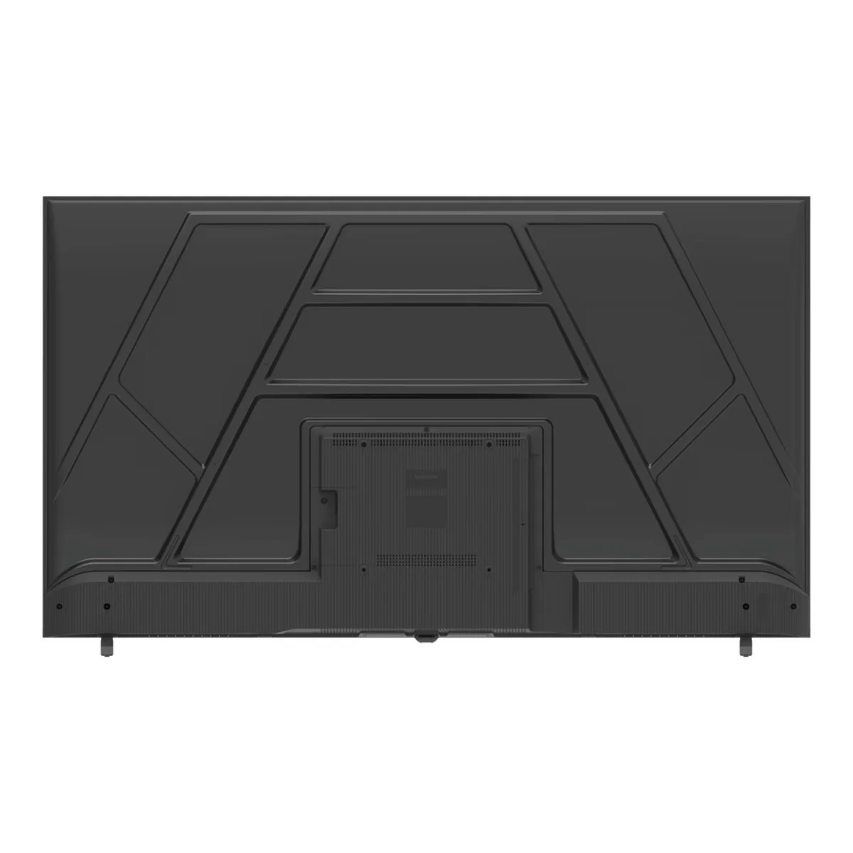 Il retro di un televisore a schermo piatto nero con motivi geometrici a linee e porte al centro.