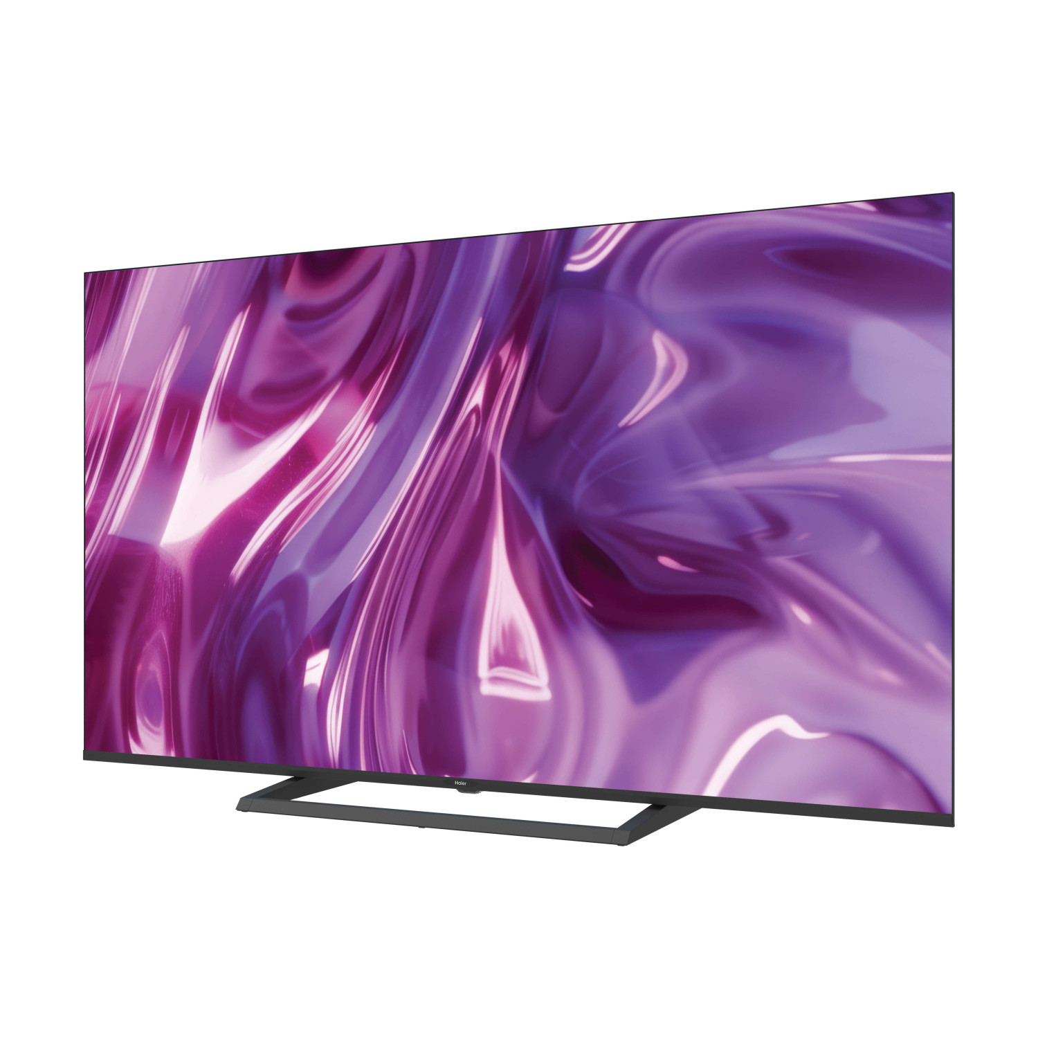 Un televisor elegante en un soporte con un fondo de pantalla abstracto morado y rosa en la pantalla.