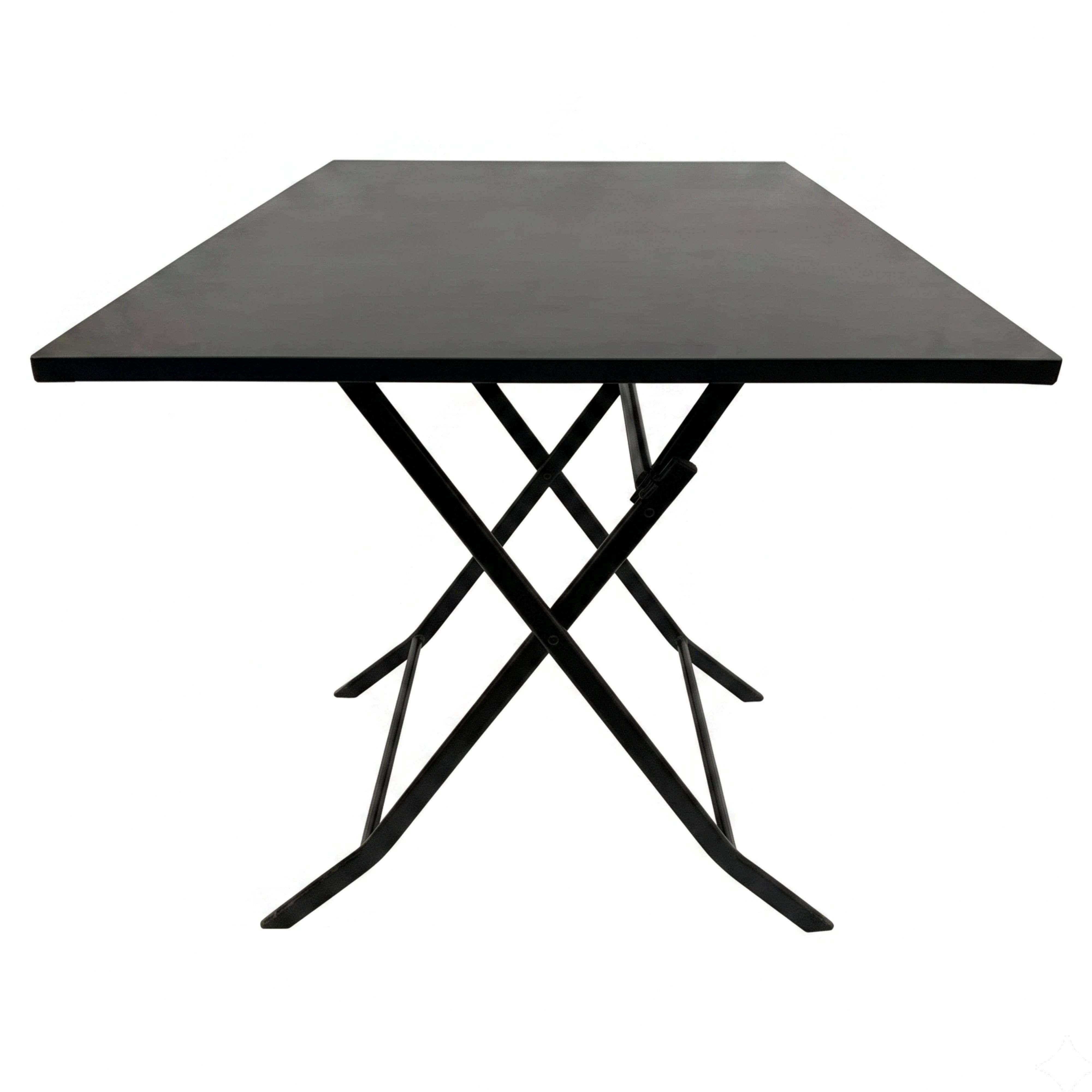 Una mesa plegable negra con patas metálicas en forma de X sobre fondo blanco.