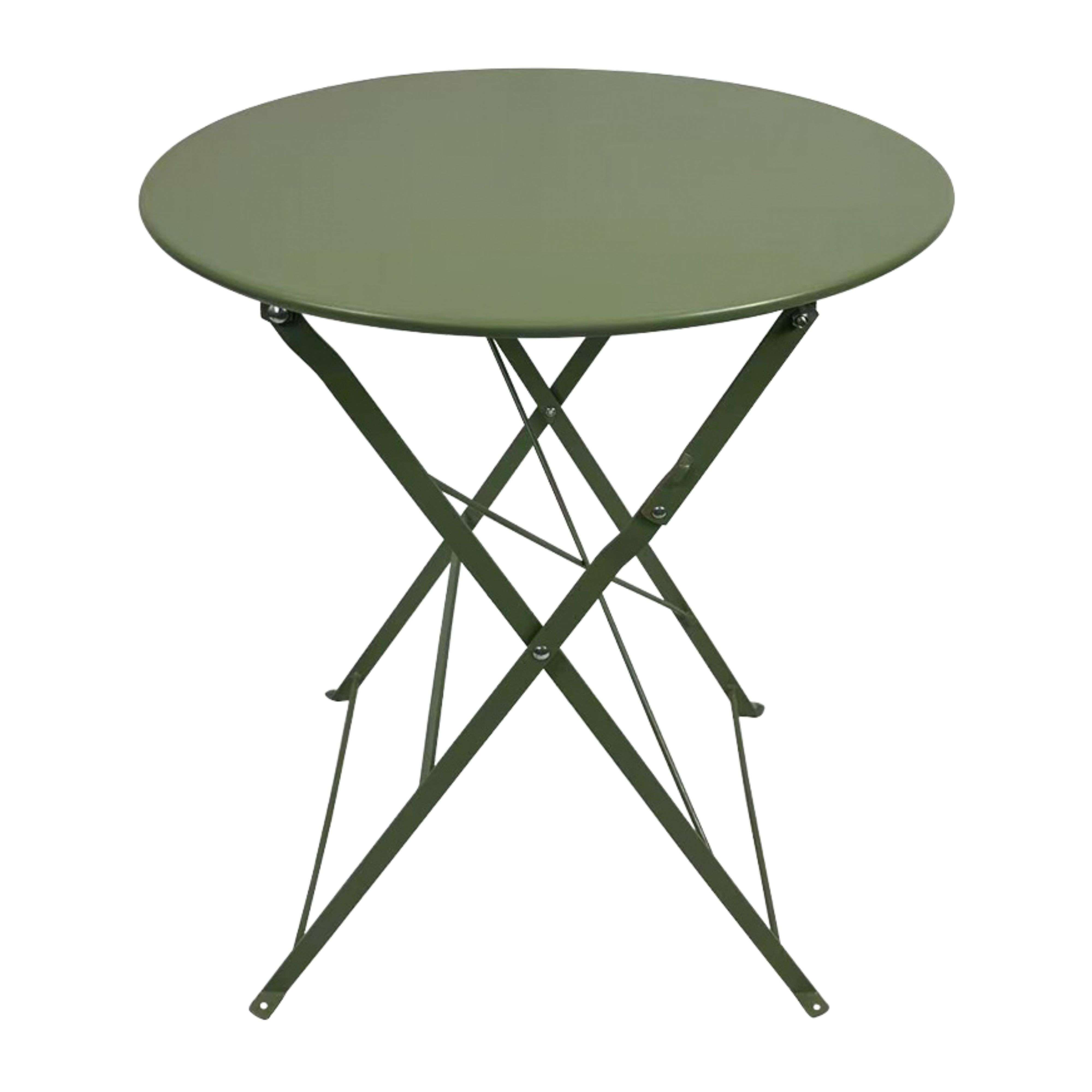 Una mesa plegable redonda de metal verde oliva con patas en forma de X sobre fondo blanco.