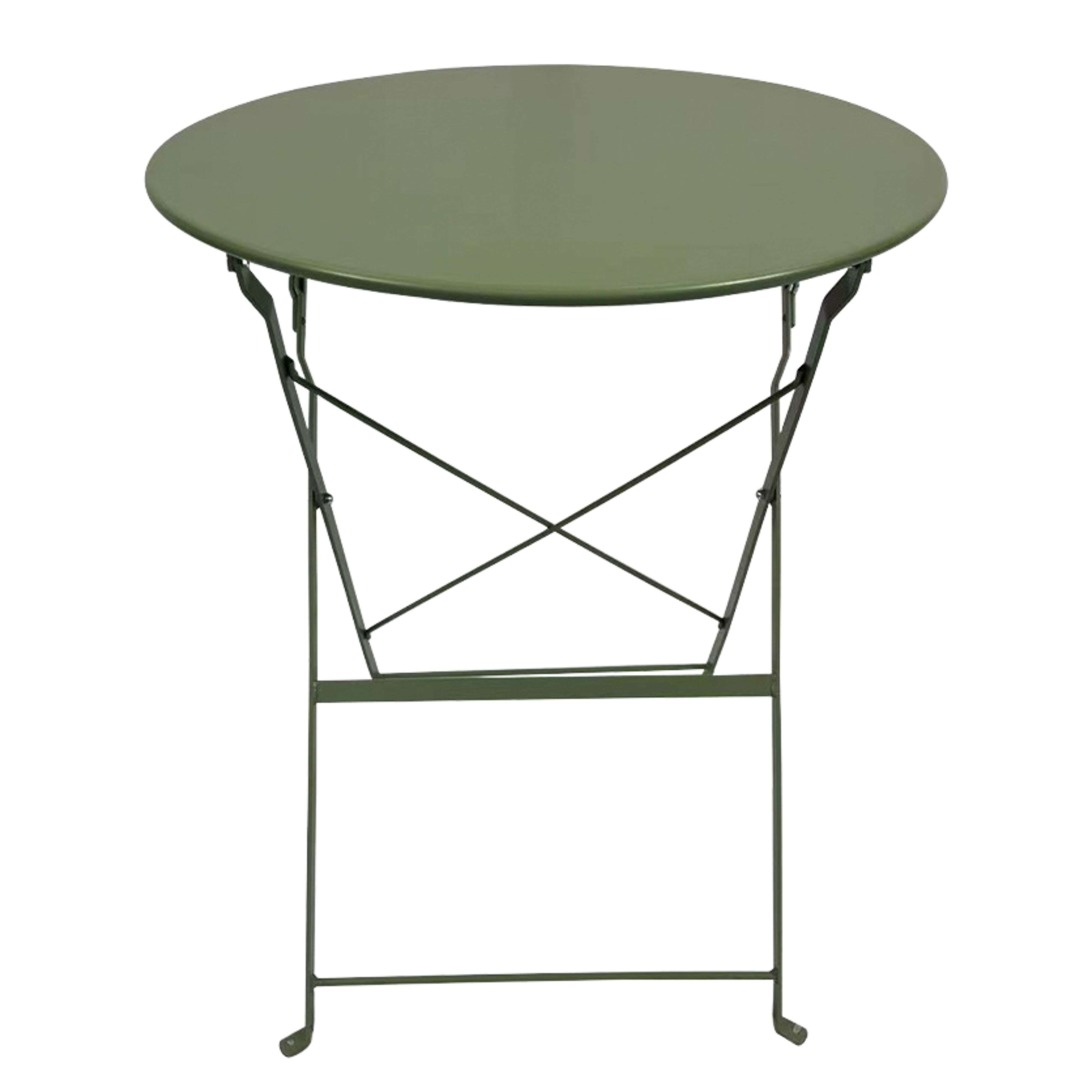 Una mesa plegable de metal verde redonda sobre un fondo blanco.