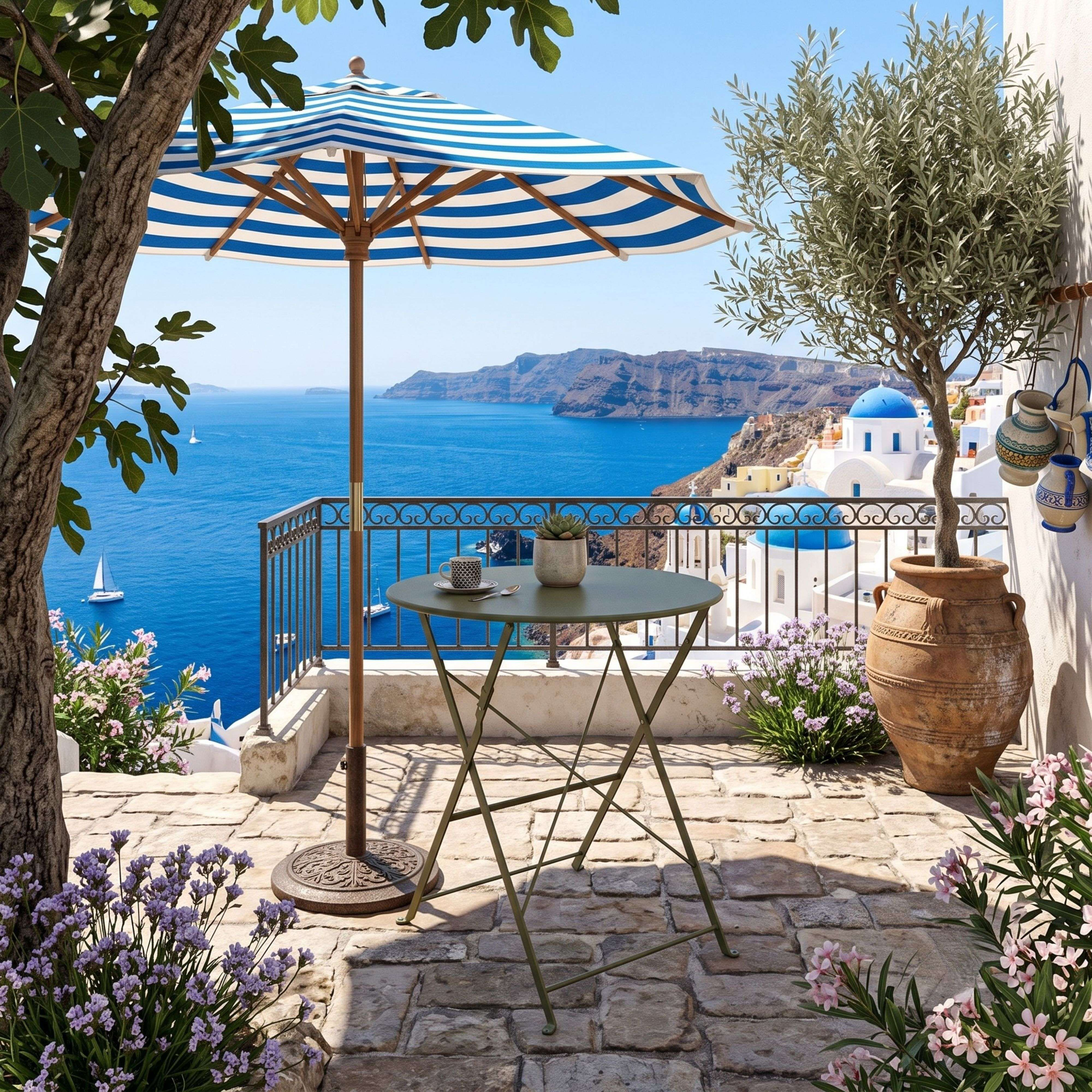 Una terraza de piedra con sombrilla azul y blanca, mesa pequeña y vista al mar azul con islas.