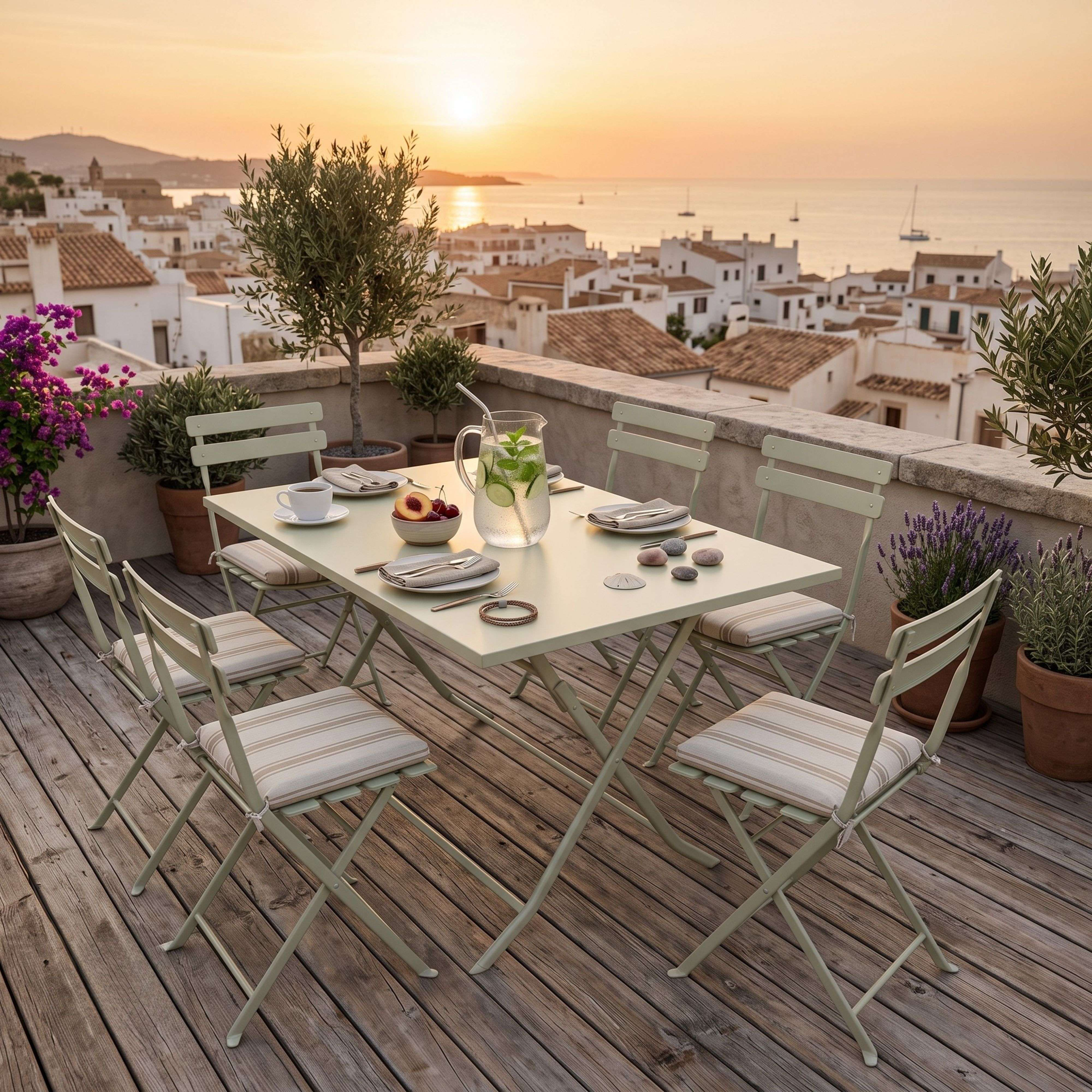 Un acogedor comedor en una terraza de madera al atardecer, con vistas a un pueblo mediterráneo.