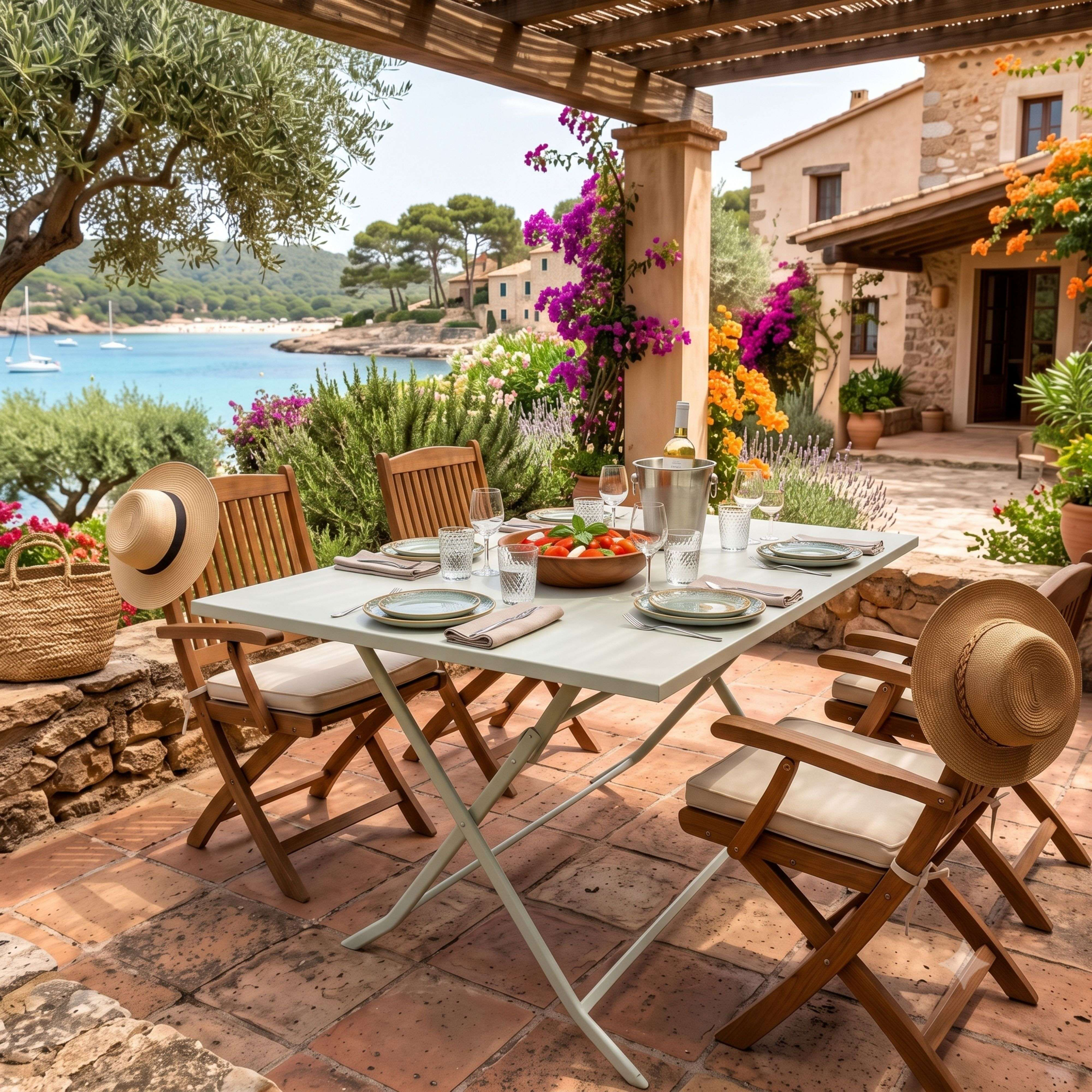 Una mesa de comedor en un patio soleado con vista al mar, rodeada de flores y edificios.