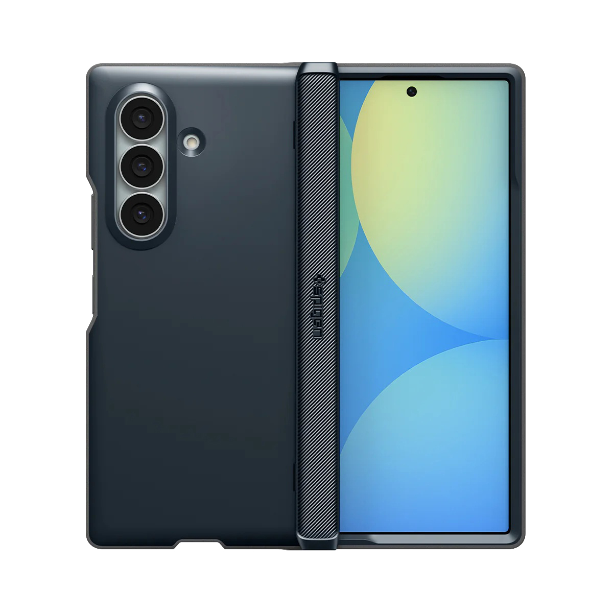 Étui de téléphone pliable bleu foncé avec trois caméras arrière et un écran lumineux.