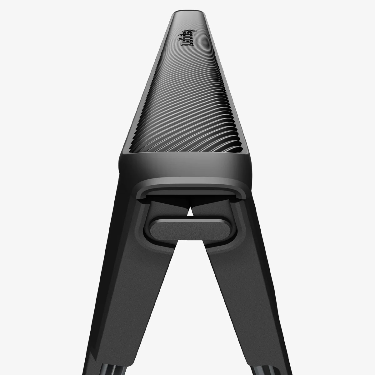 Support d'ordinateur portable noir en forme de V avec surface supérieure rainurée.