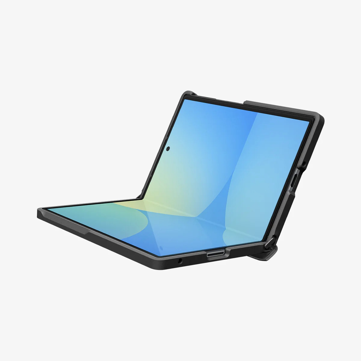 Un smartphone pliable noir dans un étui avec un écran bleu et jaune sur fond blanc.