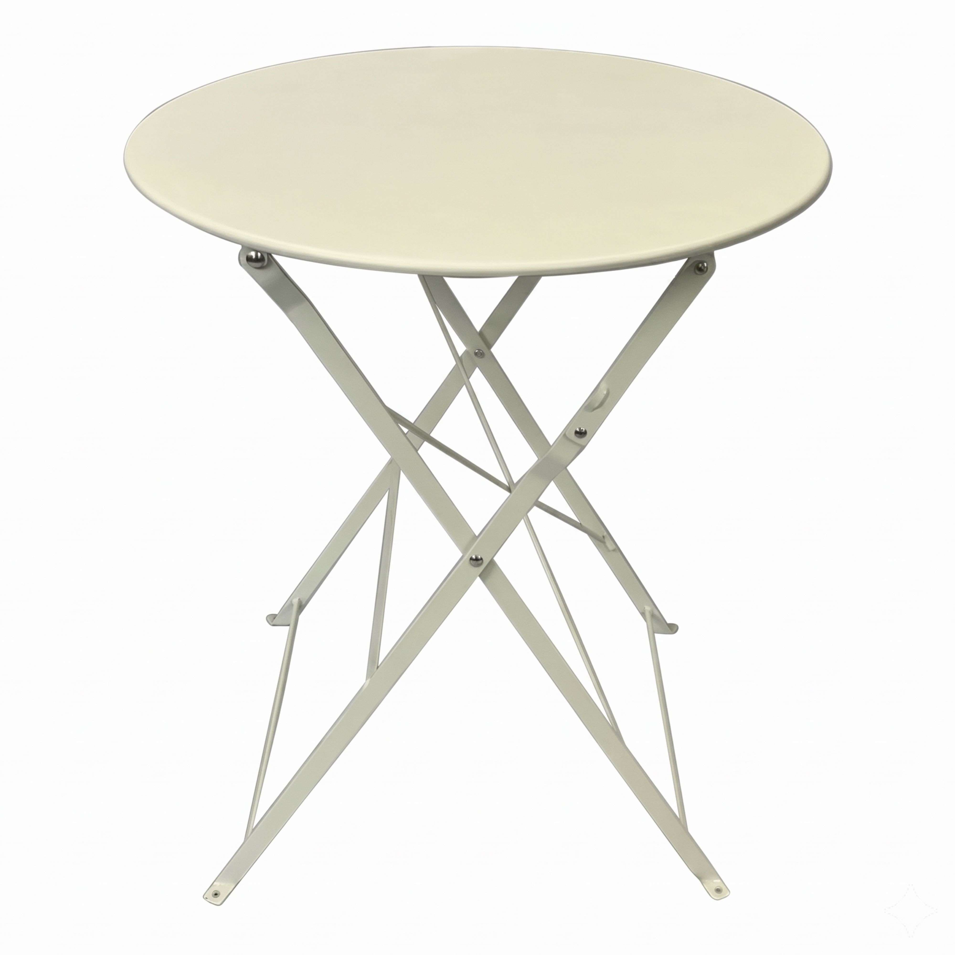 Una mesa redonda plegable de metal blanco sobre fondo blanco.