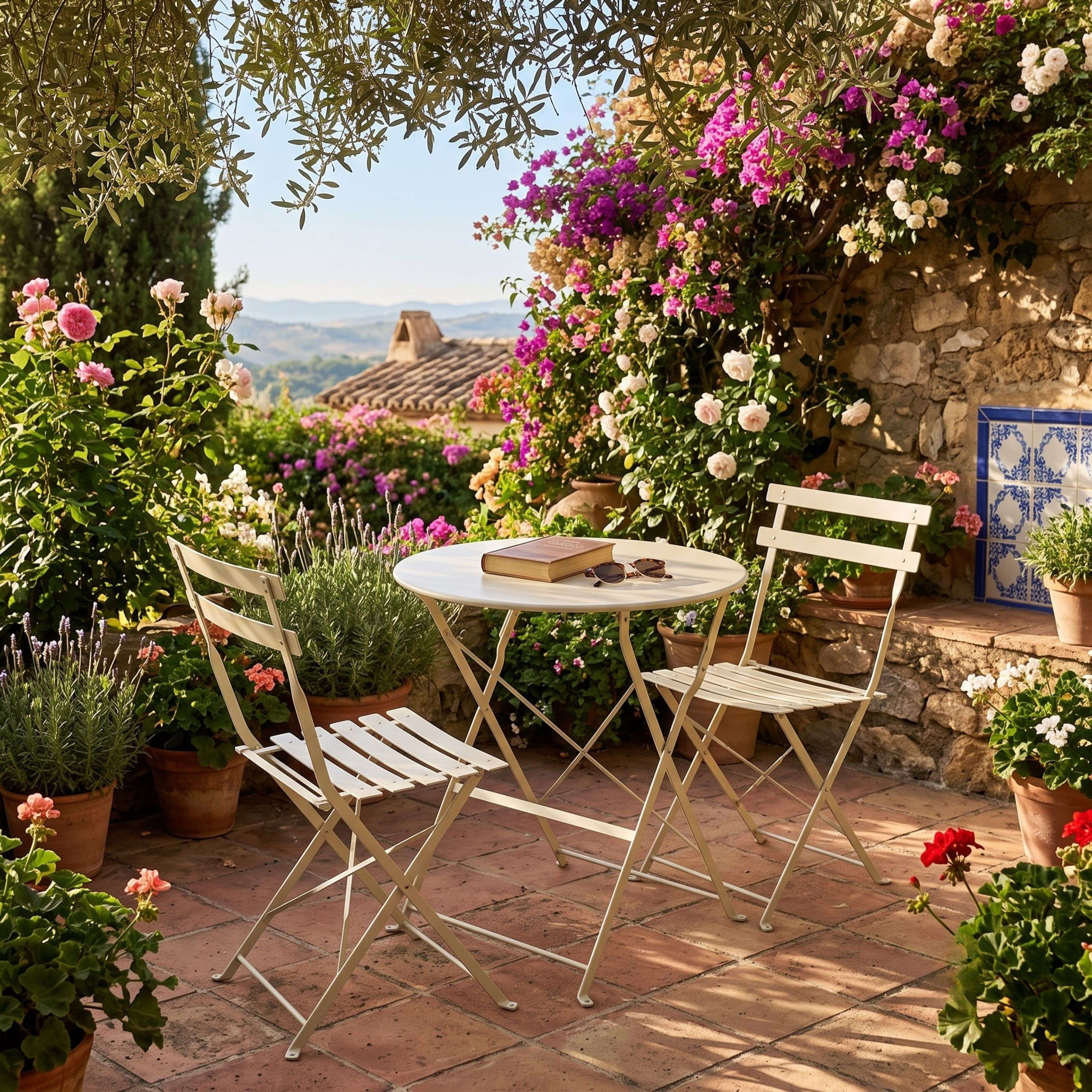 Una mesa blanca y dos sillas en una terraza soleada rodeada de flores y plantas en maceta.