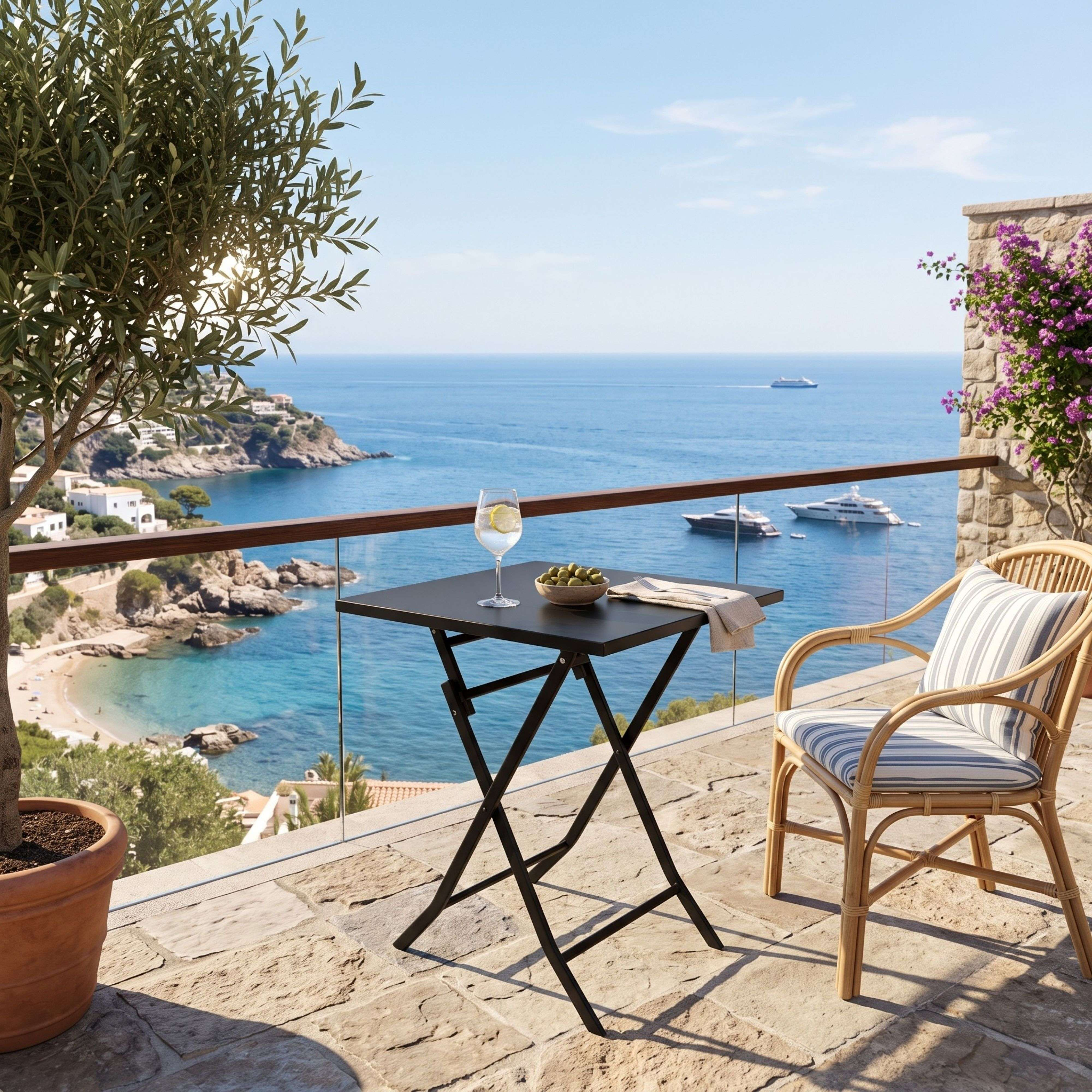 Terraza soleada con mesa, una copa y silla, con vistas al mar azul y barcos.
