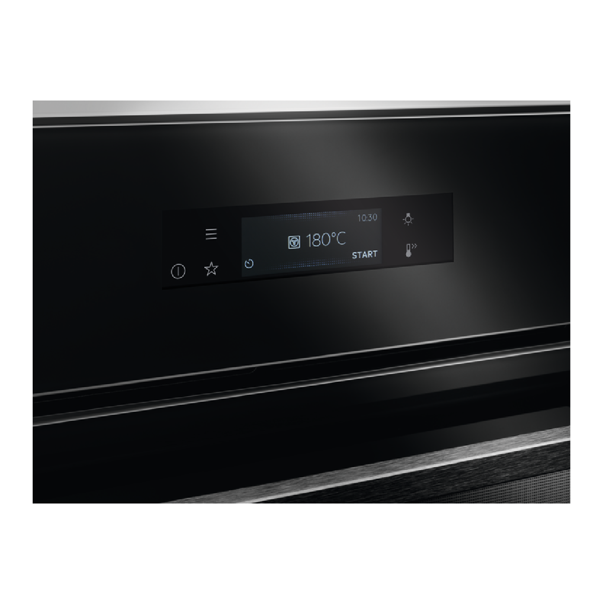 Pantalla digital de horno que muestra 180°C y un botón de inicio.