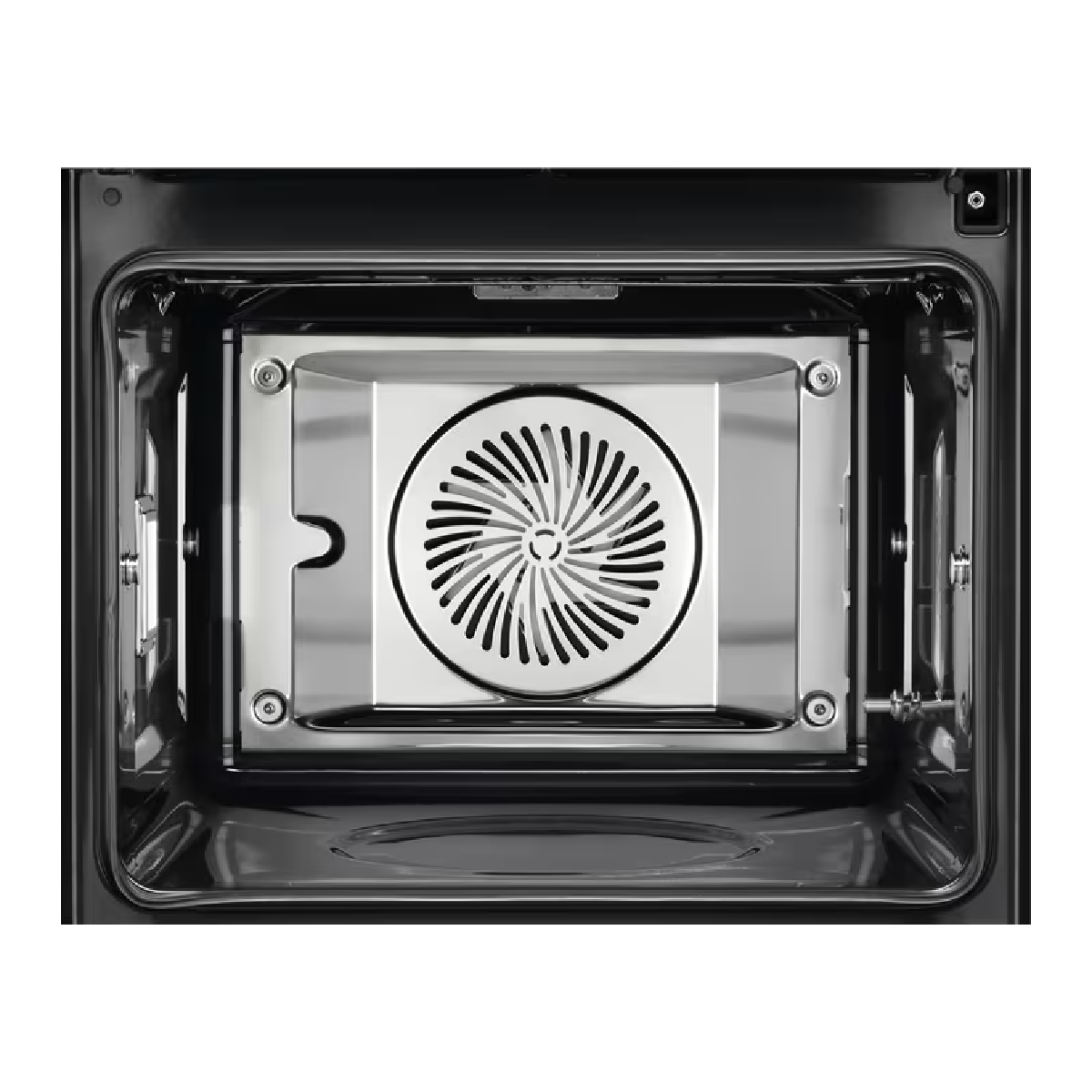 Interior de un horno negro vacío con panel trasero de acero inoxidable y ventilador circular.