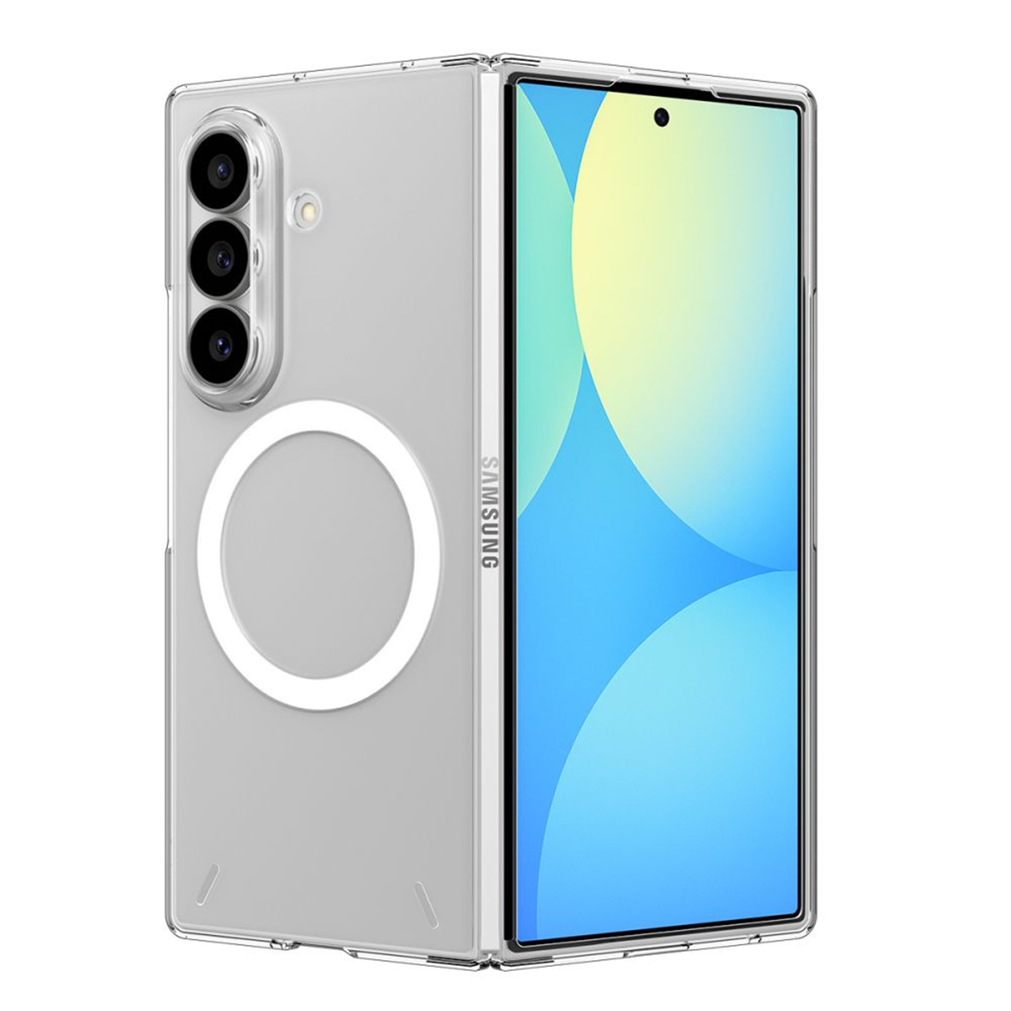 Een opvouwbare Samsung-smartphone in een doorzichtige hoes met een magnetische ring en drie camera's.