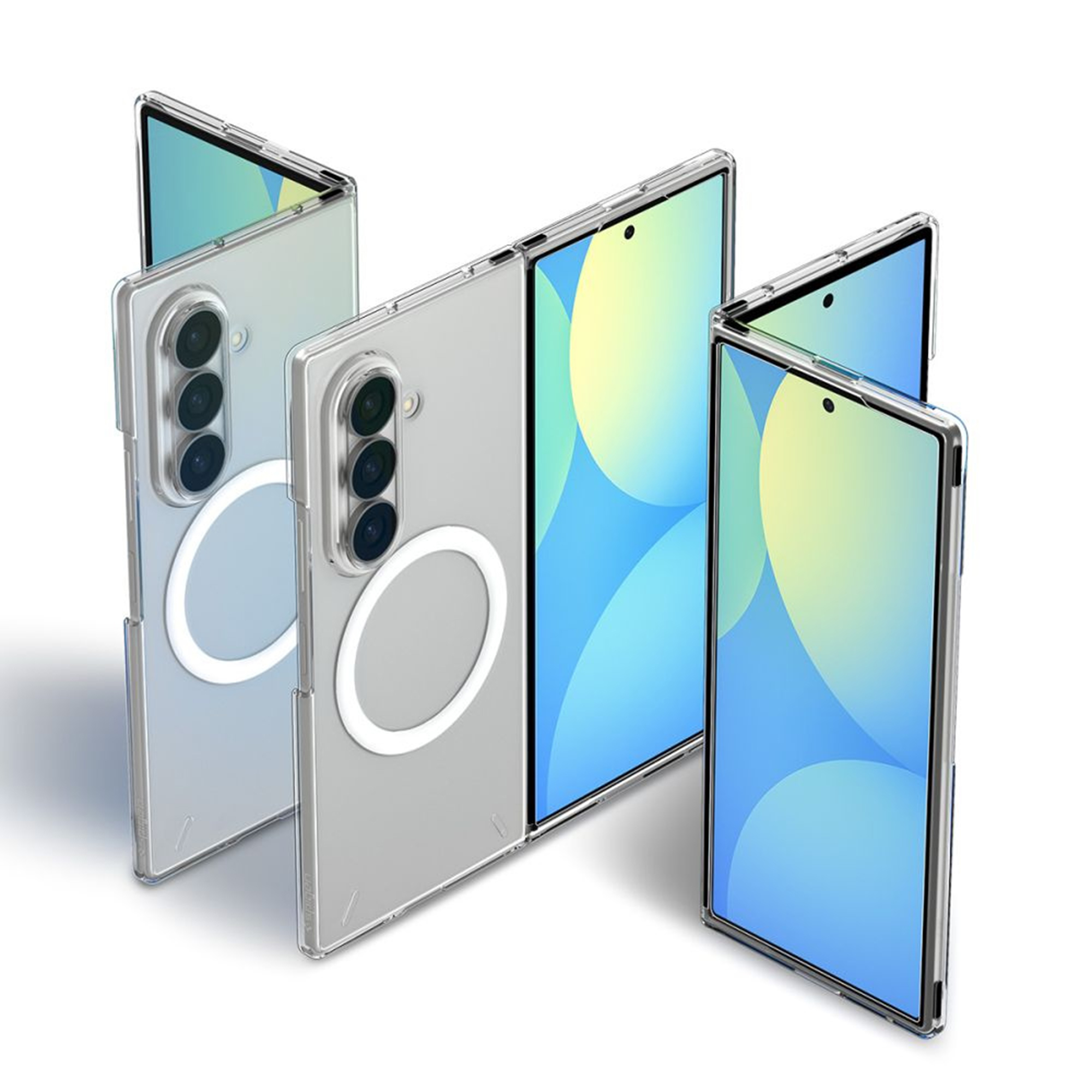 Drie weergaven van een opvouwbare smartphone in een doorzichtige beschermhoes met een magnetische ring.