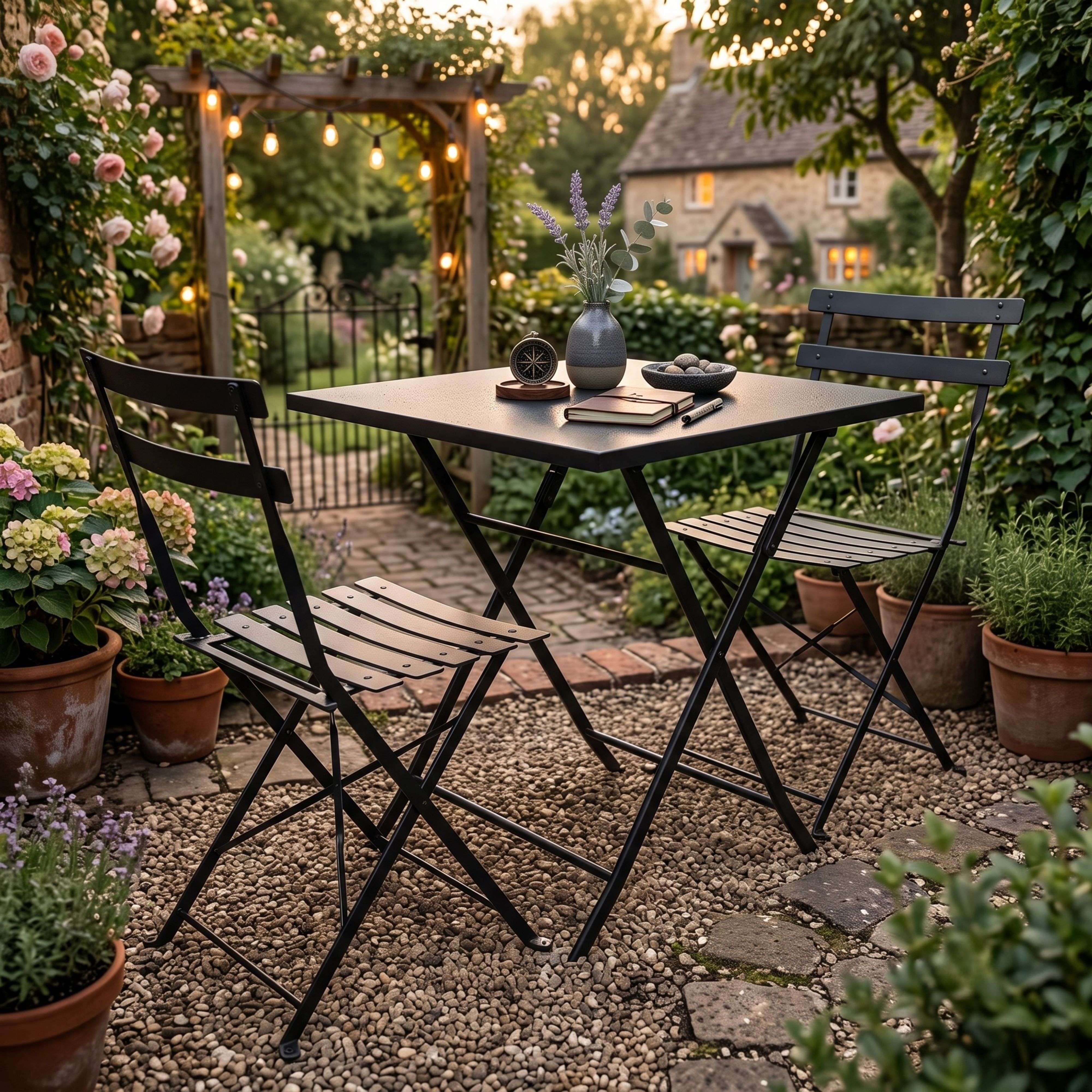 Una mesa negra y dos sillas en un jardín frondoso con flores, una pérgola y una casa al fondo.