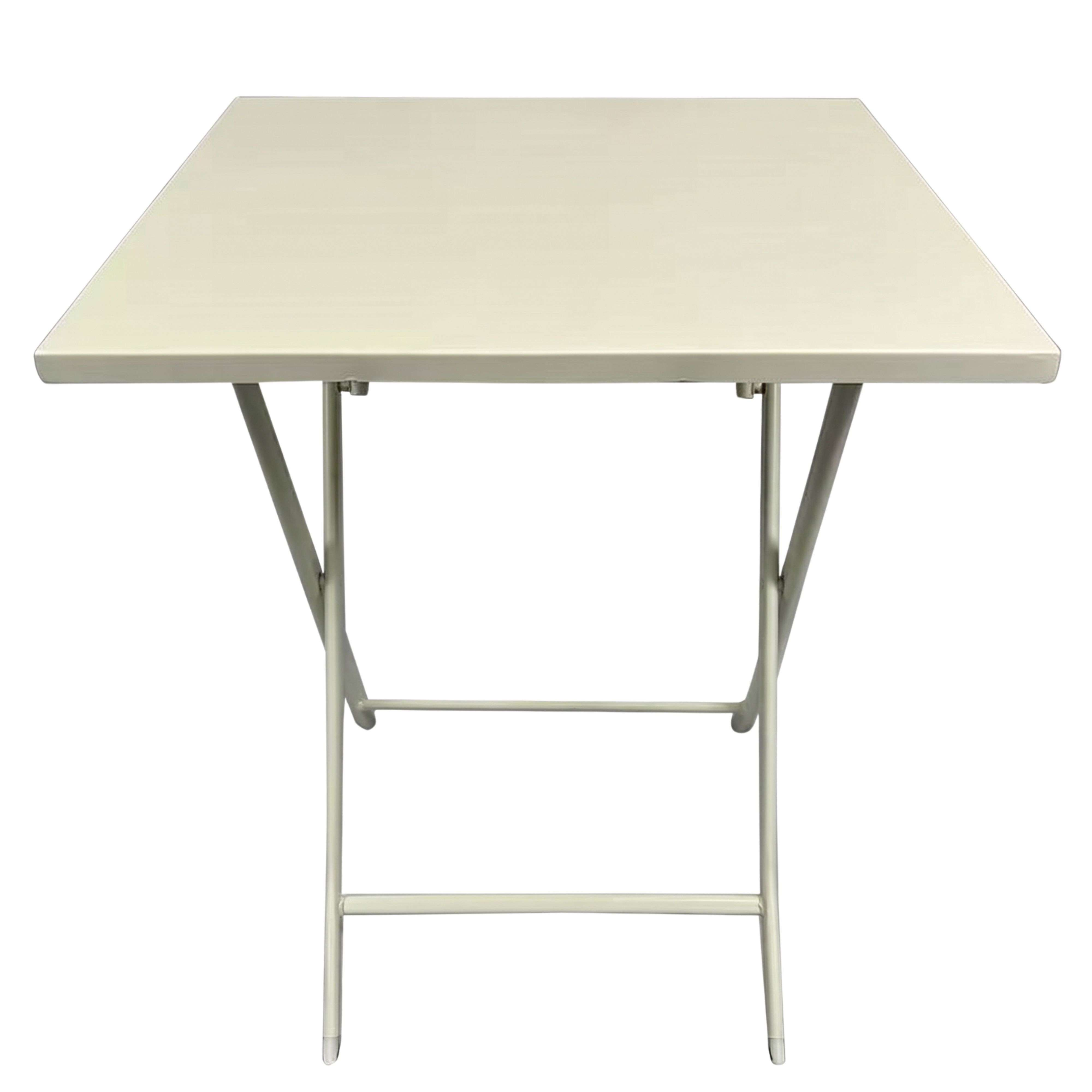 Una mesa plegable blanca con tablero cuadrado y patas de metal sobre fondo blanco.