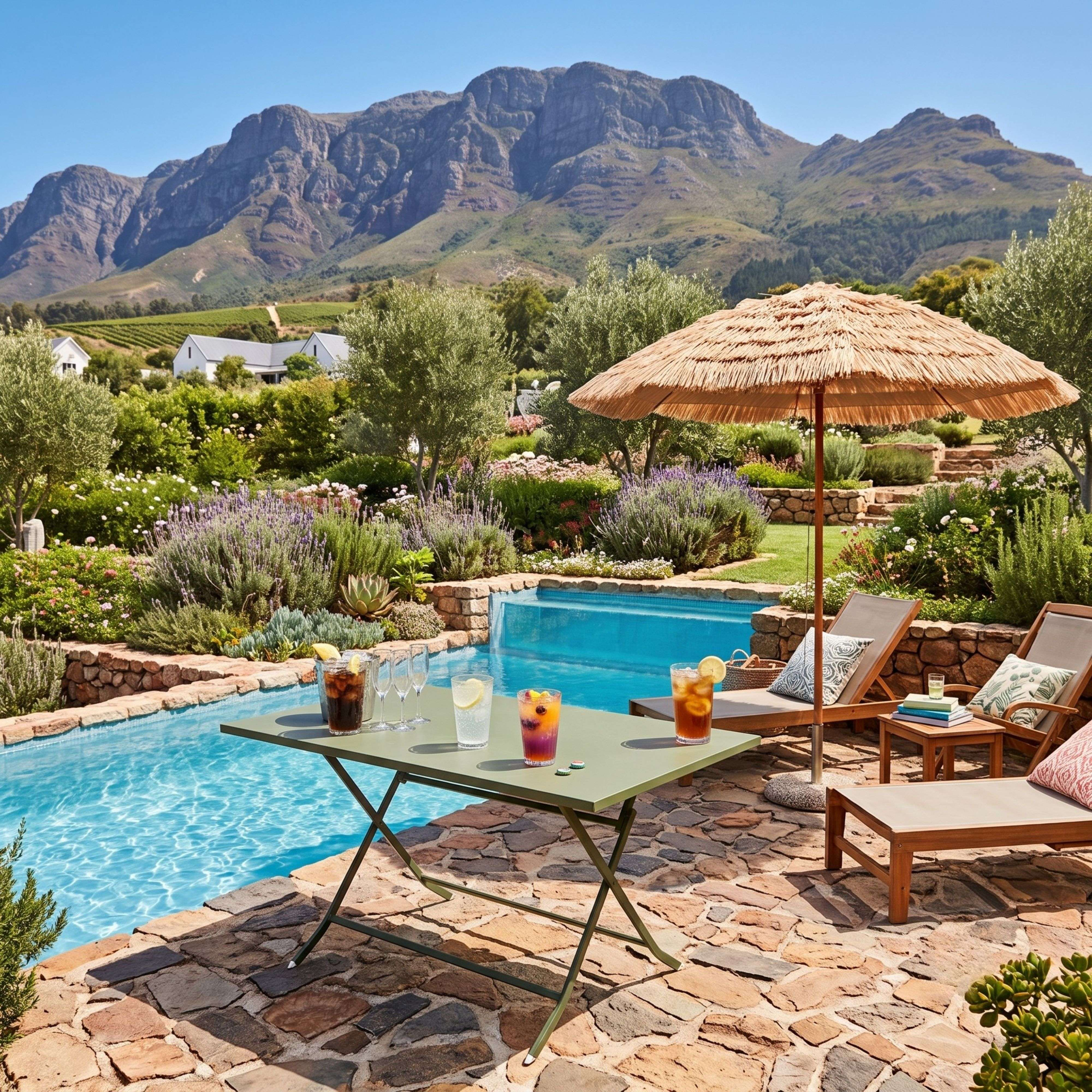 Terraza junto a la piscina con mesa, bebidas, tumbonas, sombrilla de paja y montañas.