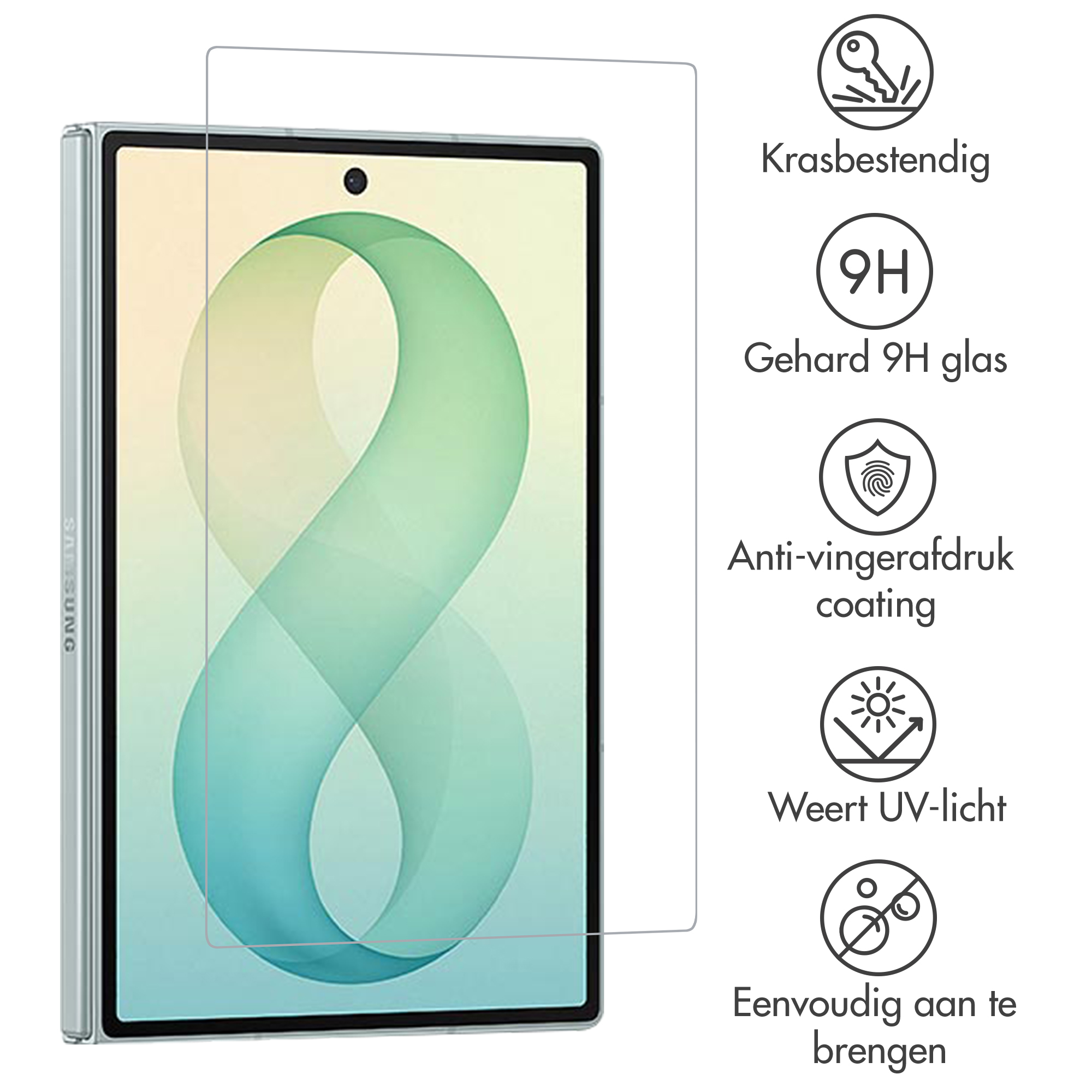 Samsung scherm met beschermglas en vijf iconen voor krasbestendigheid, 9H hardheid, anti-vingerafdruk, UV-wering en eenvoudige montage.