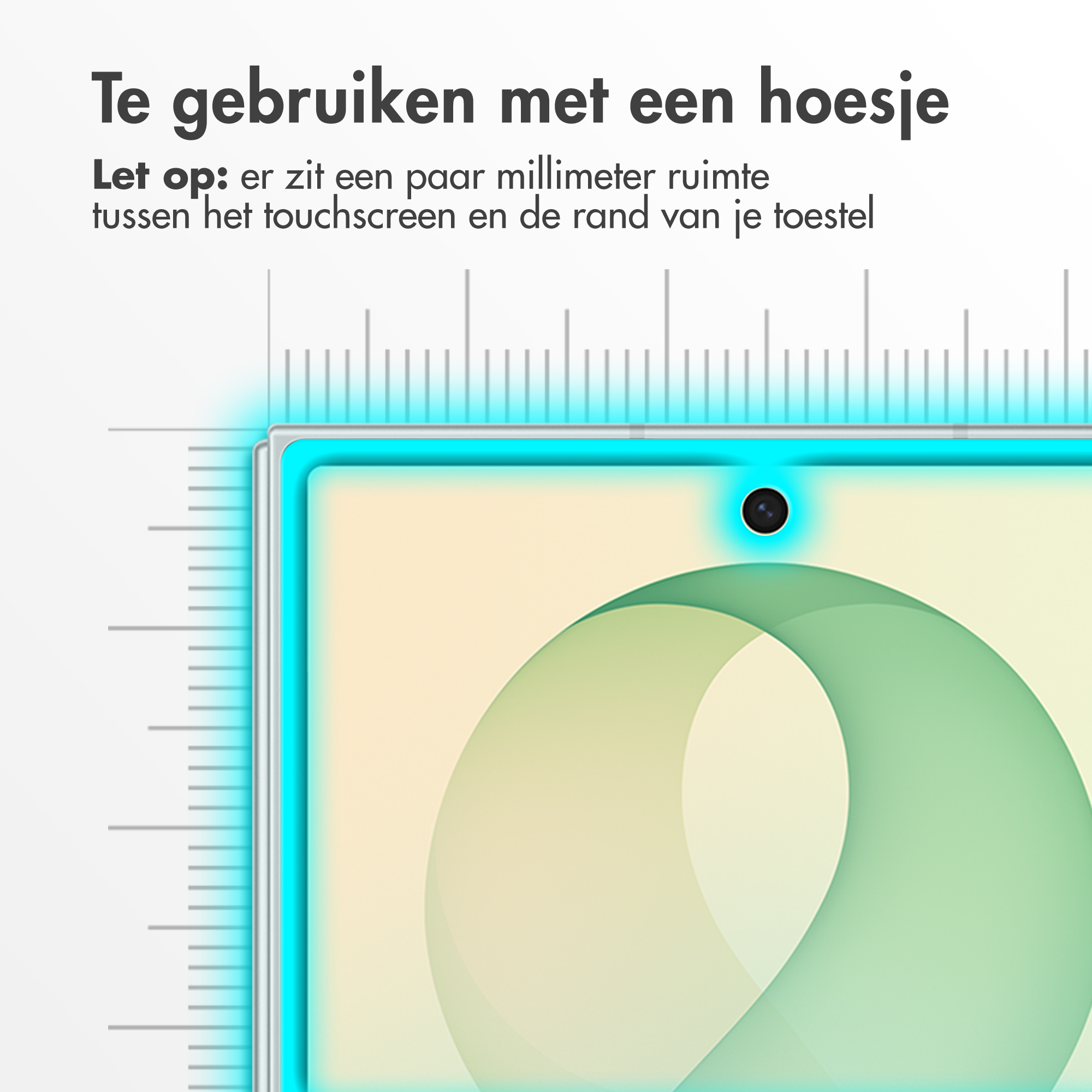 Smartphone scherm met meetlint overlay en Nederlandse tekst over hoesjescompatibiliteit.