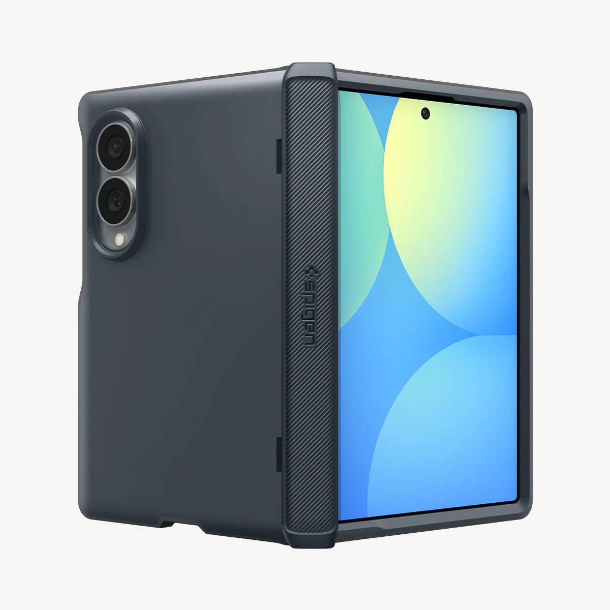 Smartphone pliable dans une coque de protection gris foncé avec charnière texturée, vu de face et de dos.