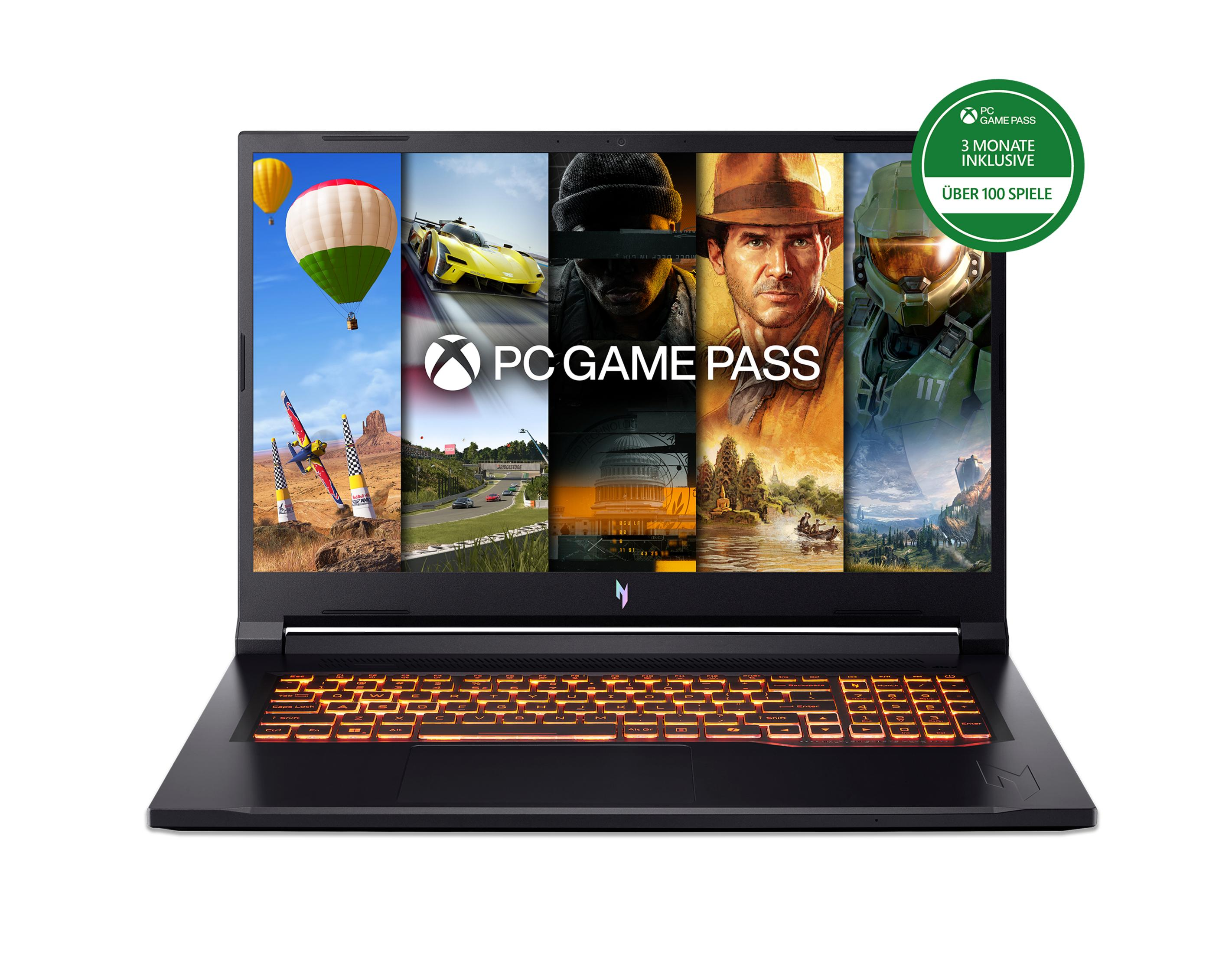 Ein schwarzer Laptop zeigt PC Game Pass-Spiele auf dem Bildschirm und hat eine orange beleuchtete Tastatur.
