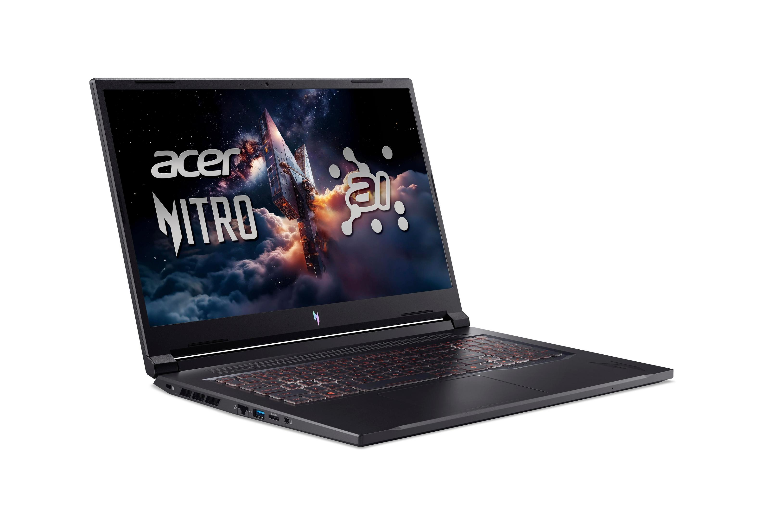 Ein schwarzer Acer Nitro Laptop mit beleuchteter Tastatur und Weltraummotiv auf dem Bildschirm.