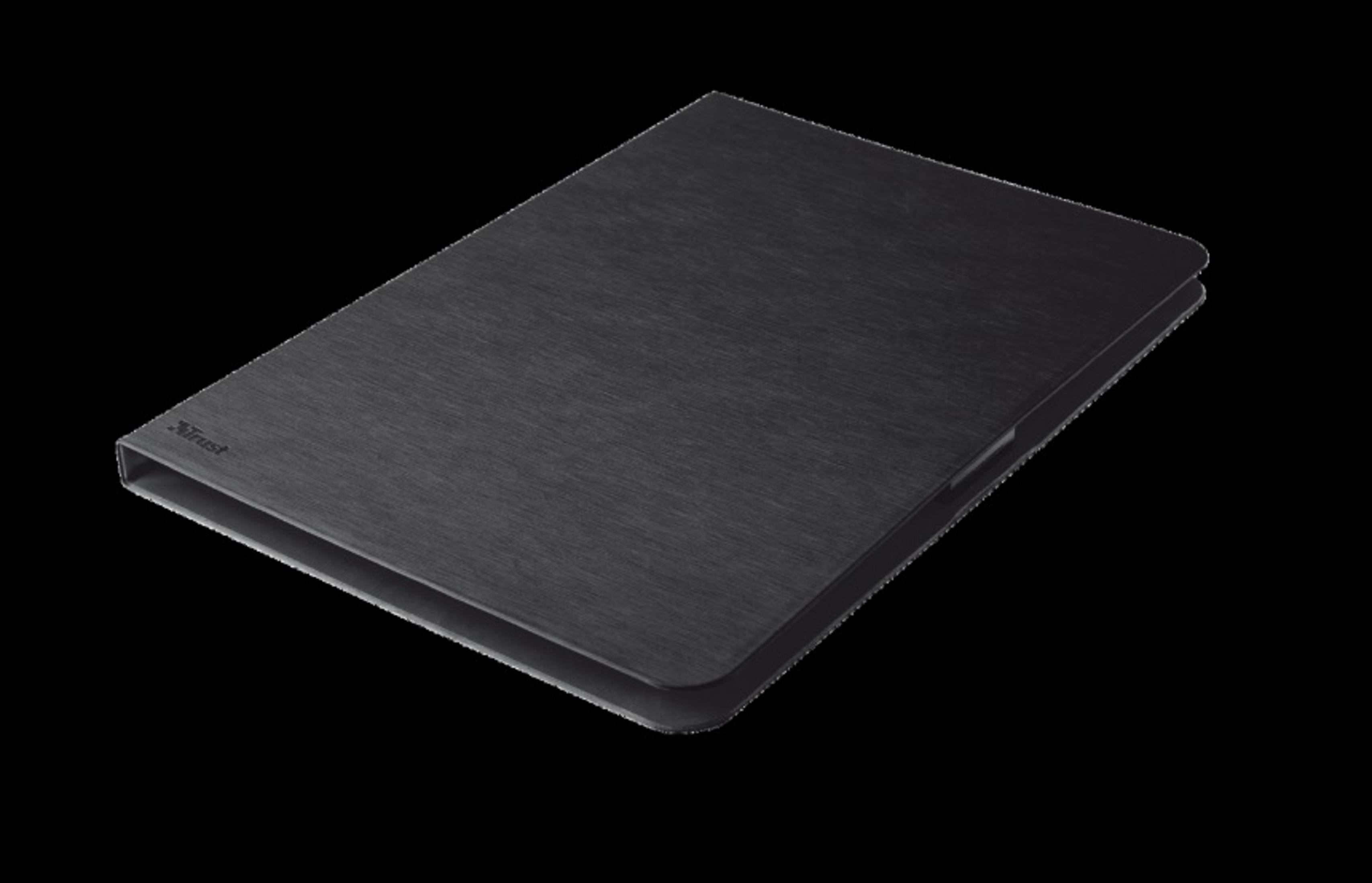 Siyah arka planda kapalı, siyah tablet kılıfı.