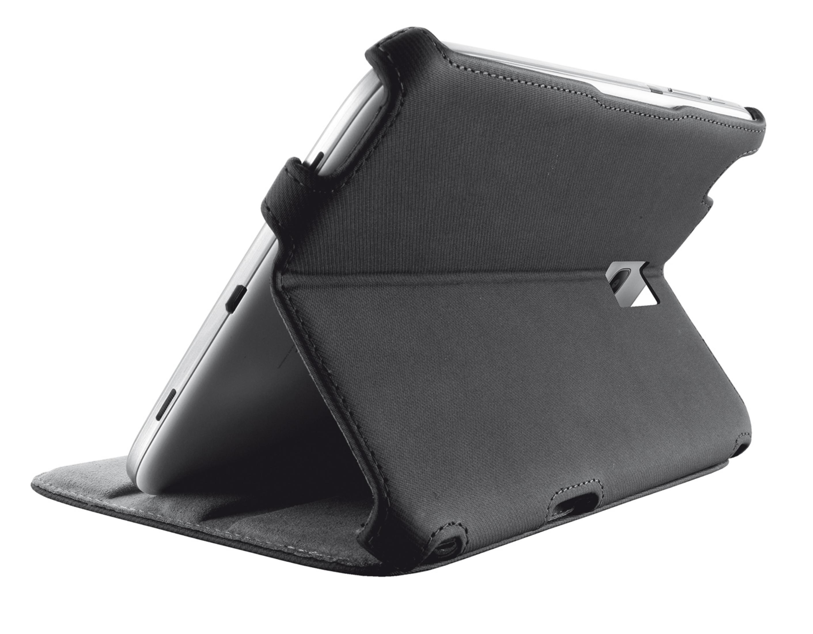 Beyaz arka planda arkadan görünen siyah stand kılıflı bir tablet.