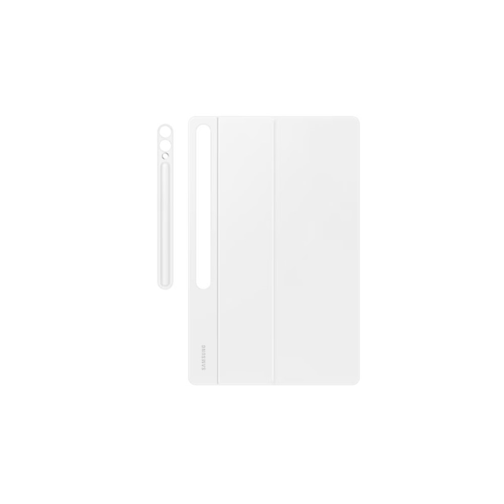 Beyaz arka planda stylus kalem ve kamera kesikleri olan beyaz Samsung tablet kılıfı.